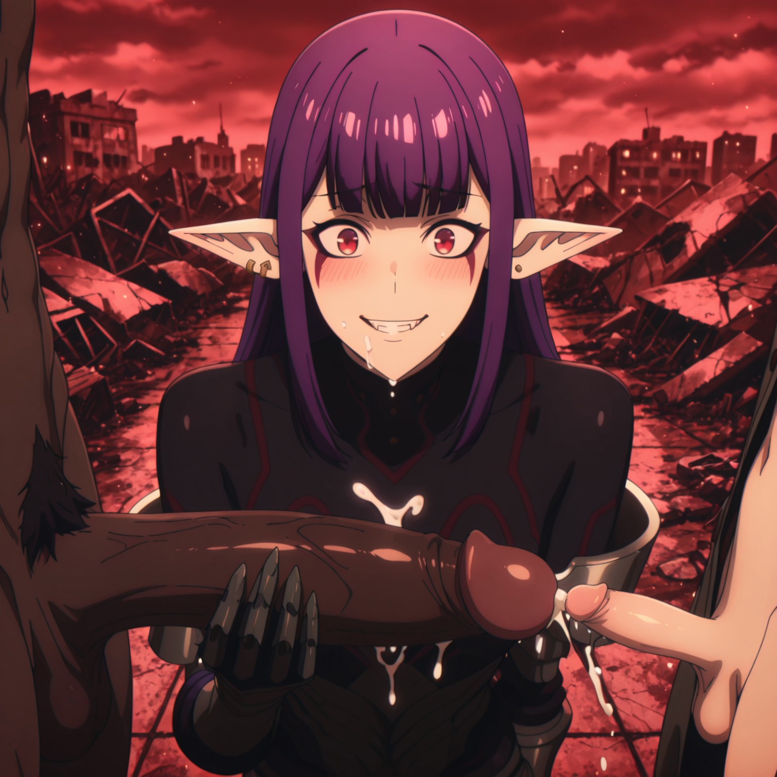 1girls, 2boys, ai generated, breasts, clothed female nude male, crumbled buildings, cuckold, cum, cum on breasts, cum on face, dark skin, dark-skinned male, demon, demon girl, embarrassed, esil radiru, fangs, female, interracial, large penis, light skin, light-skinned male, long penis, looking at viewer, male, netorare, ntr, nude, nude male, penis, penis size difference, pointy ears, precum, purple hair, red eyes, red sky, ruined city, self upload, small penis, small penis humiliation, smile, solo leveling, tagme, thick penis