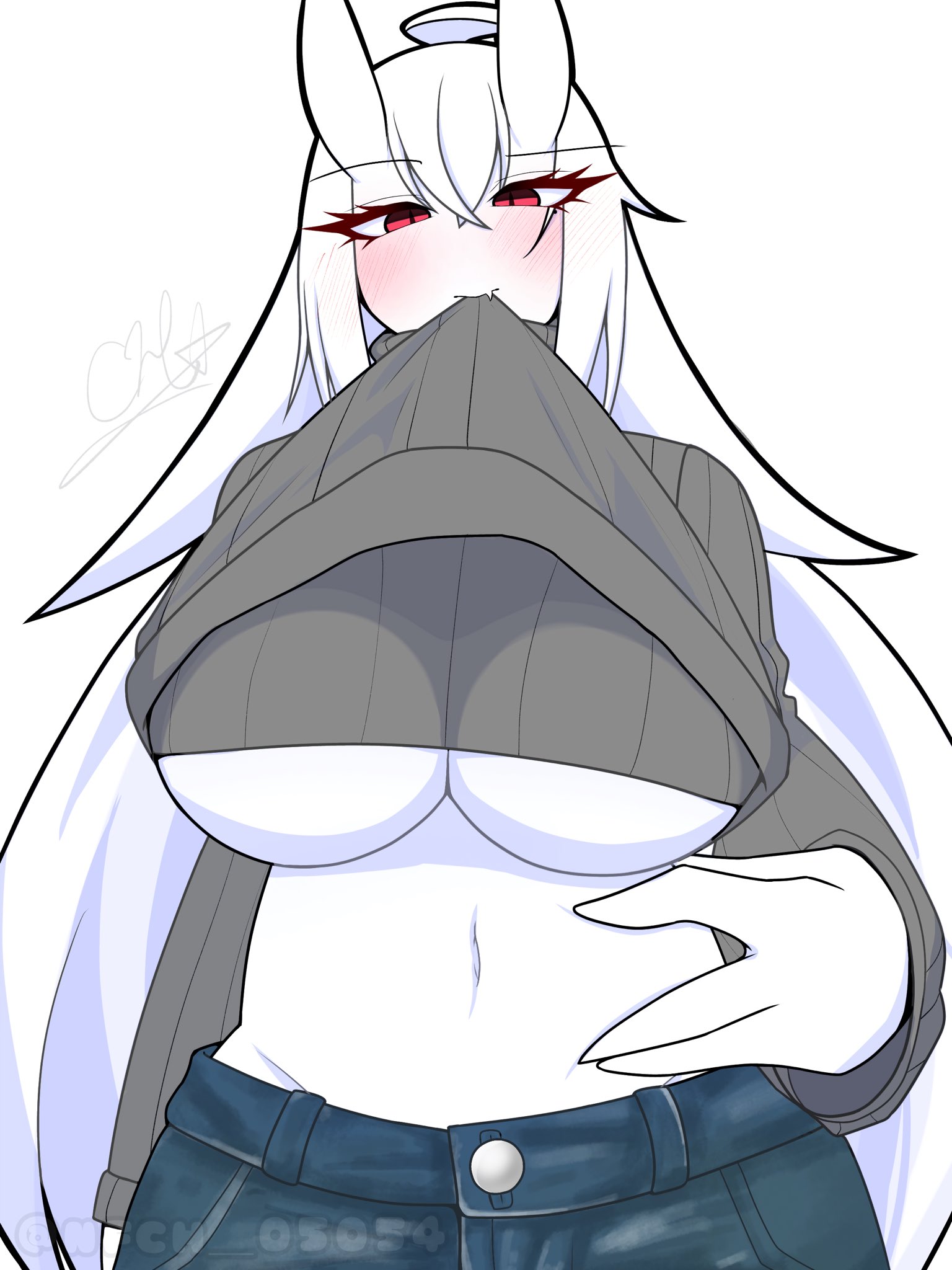 1girls, 4 fingers, blush, breasts, female, haku (nfch 05054), horns, jeans, large breasts, long hair, mouth hold, navel, nfch 05054, original, original character, red eyes, shirt in mouth, shirt lift, signature, tagme, turtleneck, twitter username, underboob, white hair, white skin