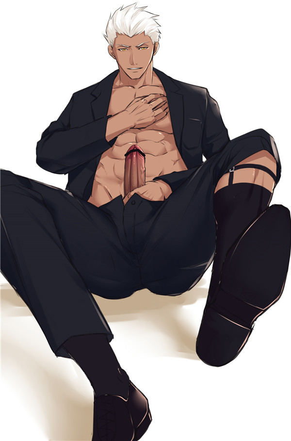 1boy abs archer_(fate) bar_censor cachic dress_shoes dress_suit erection fate_(series) looking_at_viewer male male_focus male_nipples male_only muscular_male open_pants open_shirt pecs penis penis_out shoes smile socks solo_male tan undressing white_hair yellow_eyes