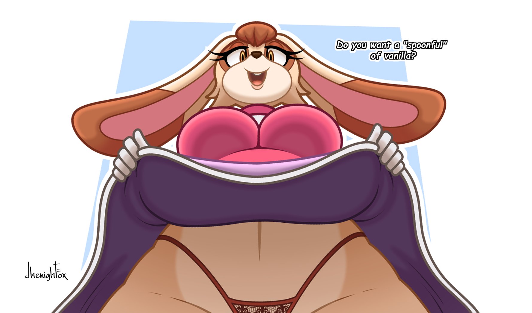 1girls, anthro, big breasts, breasts, exposed thong, female, female anthro, female focus, female only, furry, furry female, huge breasts, jhenightfox, milf, pov, sega, simple background, skirt pull, skirt up, sonic (series), sonic the hedgehog (series), thick thighs, thong, twitter, vanilla the rabbit, white background, wide hips