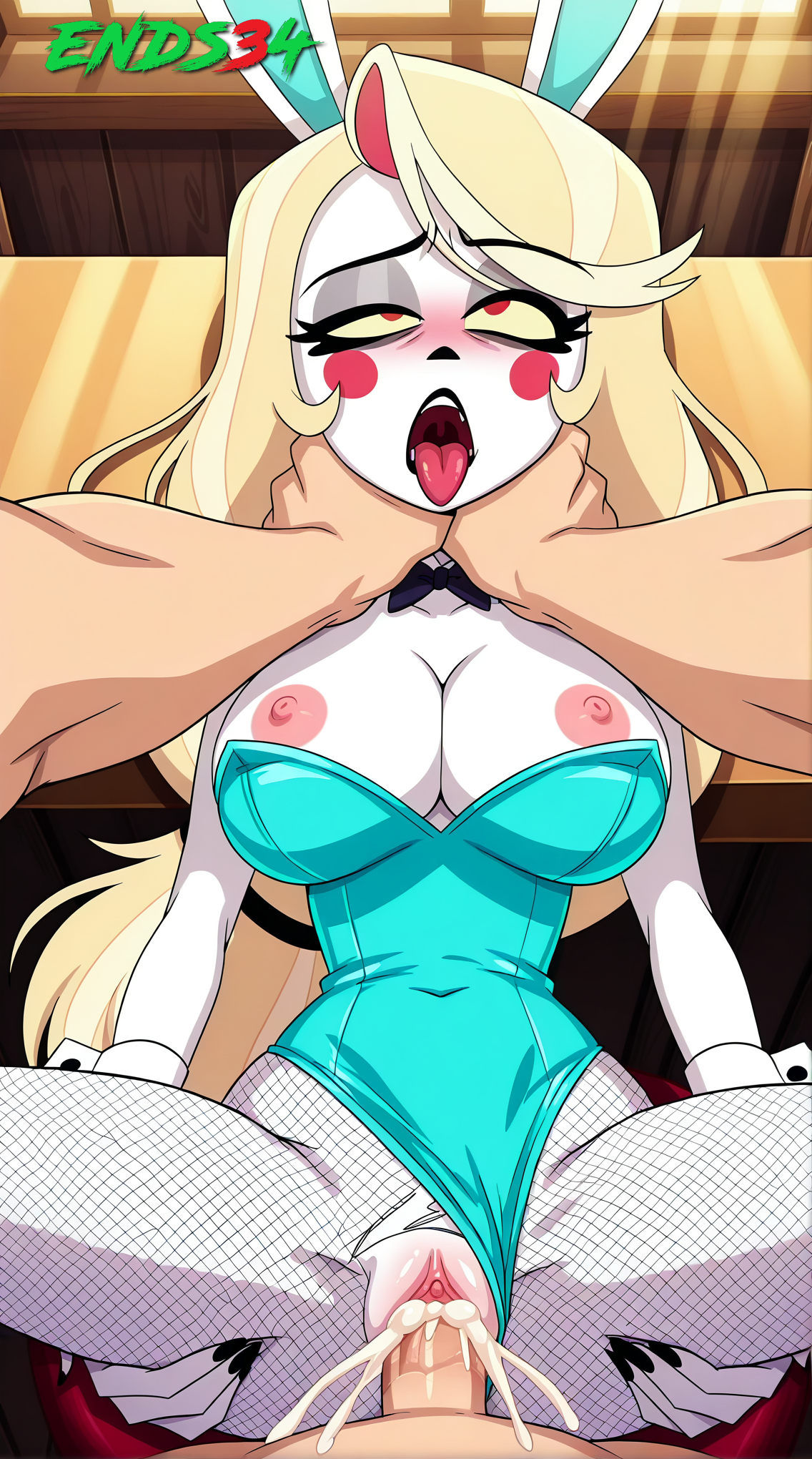ai generated, big breasts, blonde hair, breasts, bunny ears, bunny girl, charlie morningstar (hazbin hotel), cum in pussy, ends34, female, female focus, hazbin hotel, long hair, male, open mouth, penis, pussy, red eyes, sex, spread legs, stockings, strangling, tongue out