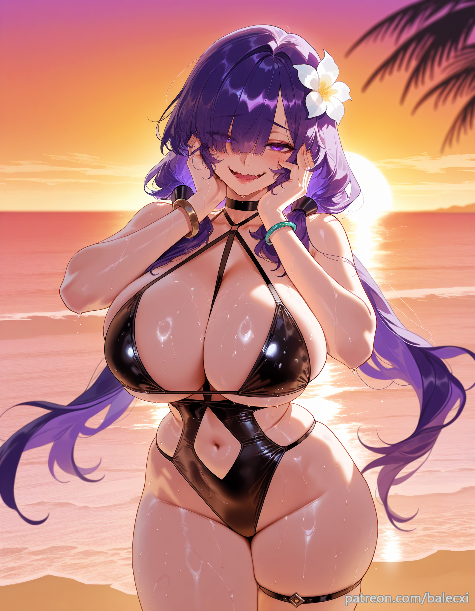 ai generated, azur lane, balecxi, beach, black choker, blush, bracelet, breasts, cleavage, female, hair flower, hair ornament, hair over one eye, hands on own cheeks, hands on own face, jewelry, long hair, looking at viewer, mogador (azur lane), mogador (locker room lechery) (azur lane), navel, one-piece swimsuit, open mouth, outdoors, purple eyes, purple hair, skindentation, smile, solo, sunset, swimsuit, teeth, thick thighs, thigh strap, twintails, wet