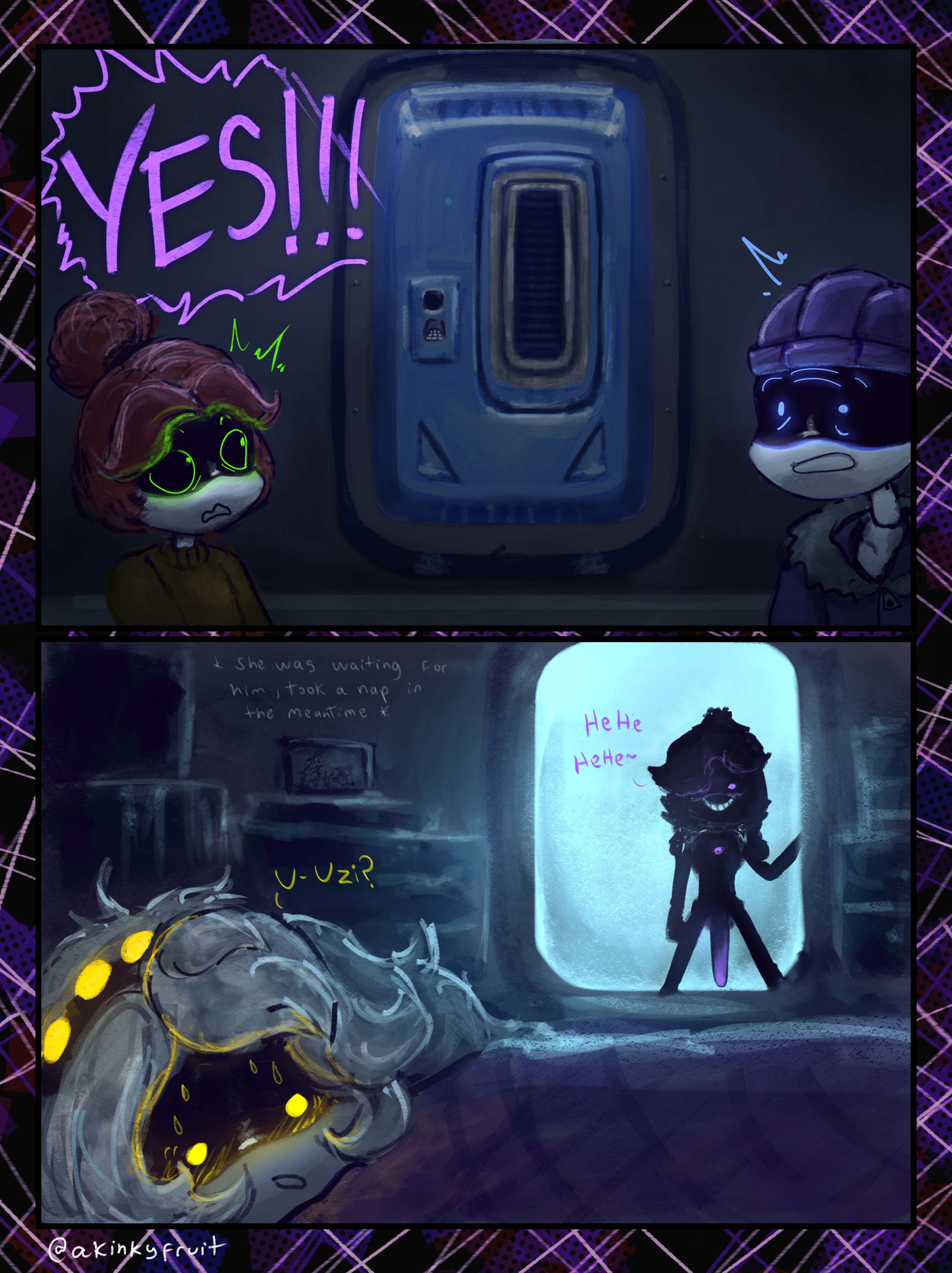 akinkyfruit, bed, bedroom, big penis, comic, comic page, genderswap, genderswap (ftm), genderswap (mtf), glitch productions, inminent sex, male, murder drones, n (murder drones), penis, rule 63, uzi (murder drones)