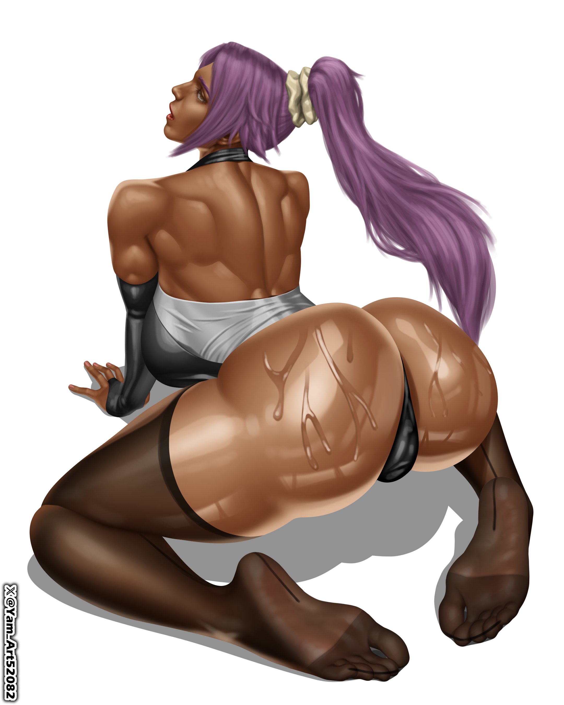 1girls, ass, ass focus, bent over, big ass, big breasts, big butt, bleach, bleach: the thousand-year blood war, breasts, dark skin, dark-skinned female, female, female only, huge ass, large ass, large butt, looking at viewer, looking back, muscles, muscular, muscular back, muscular female, oiled, oiled ass, oiled skin, on all fours, partially clothed, partially nude, purple hair, pussy, shihouin yoruichi, solo, thong, vagina visible through clothing, weekly shounen jump, yam art
