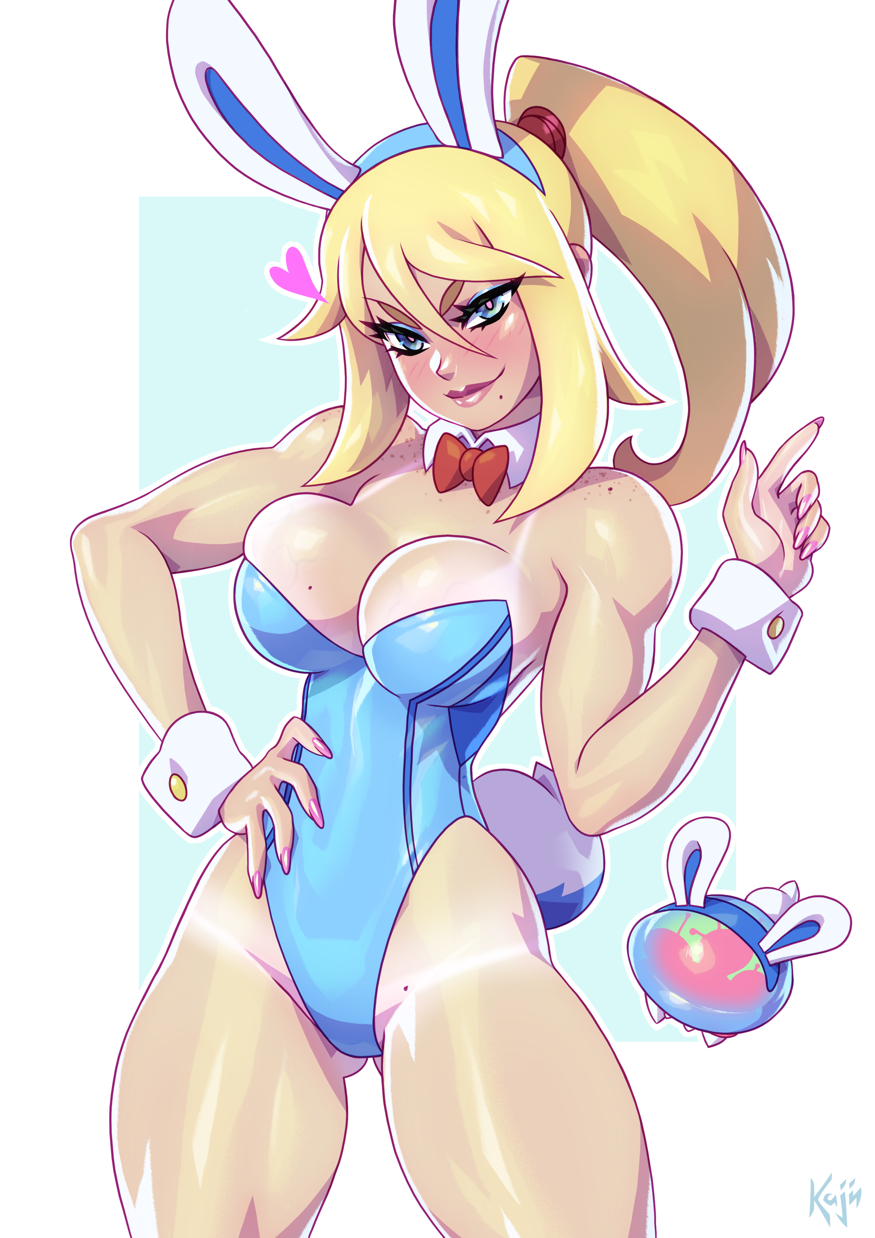 big breasts, big thighs, blue eyes, breasts, bunny ears, bunny girl, bunny tail, bunnysuit, female, female only, huge breasts, huge thighs, kajinman, legs, light skin, light-skinned female, looking at viewer, massive breasts, massive thighs, metroid, muscular, muscular female, samus aran, solo, solo female, squeezing, squeezing breast, thick legs, thick thighs, yellow hair