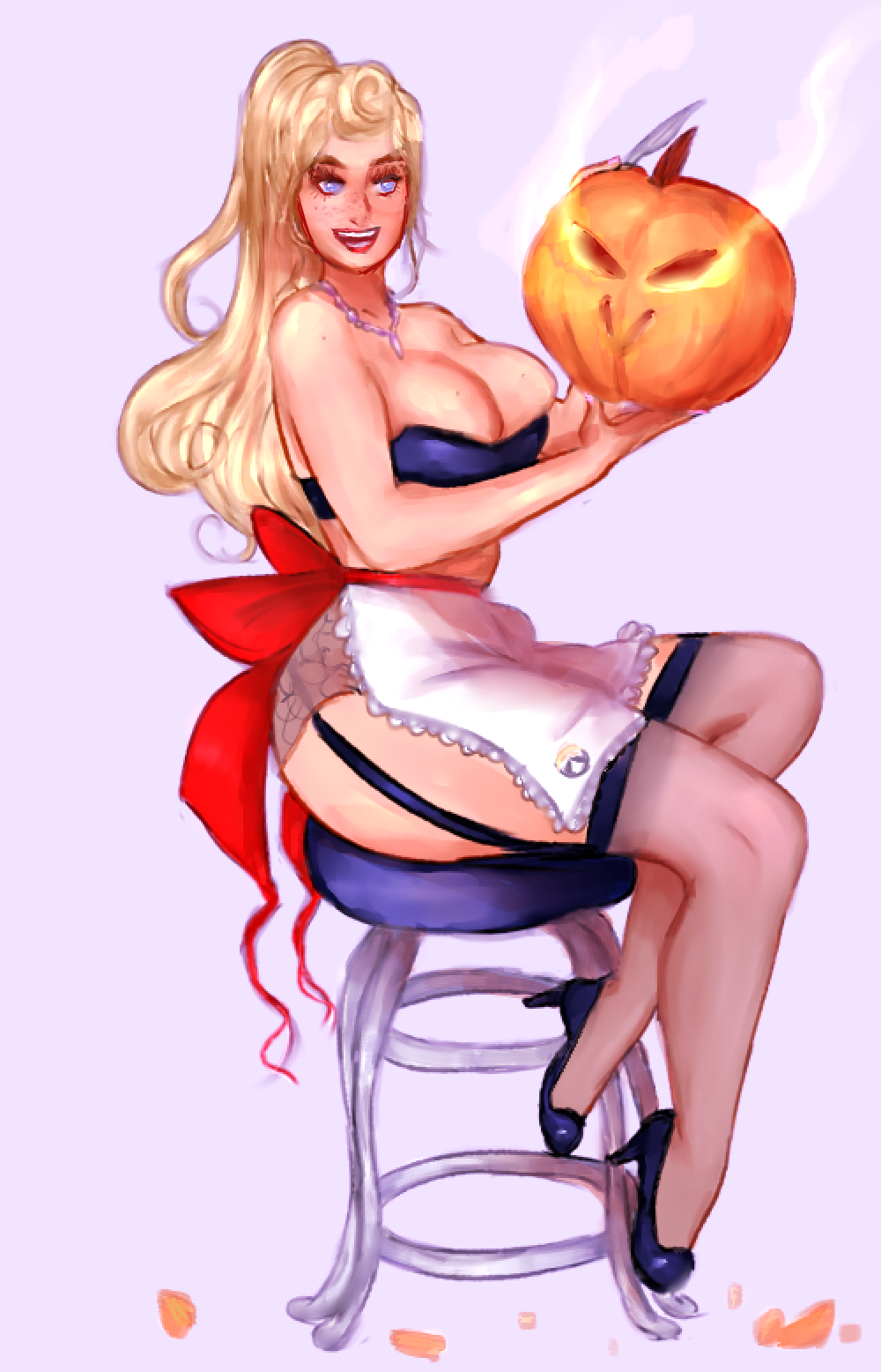 1girls apron big_breasts blizzard_entertainment blonde_hair bra breasts cleavage female female_only halloween jack_morrison jack_o'_lantern long_hair miniaturebunny overwatch overwatch_2 overwatch_archives panties pinup pumpkin retro_artstyle rule_63 simple_background soldier_76 soldier_76_(female) solo strike_commander_morrison