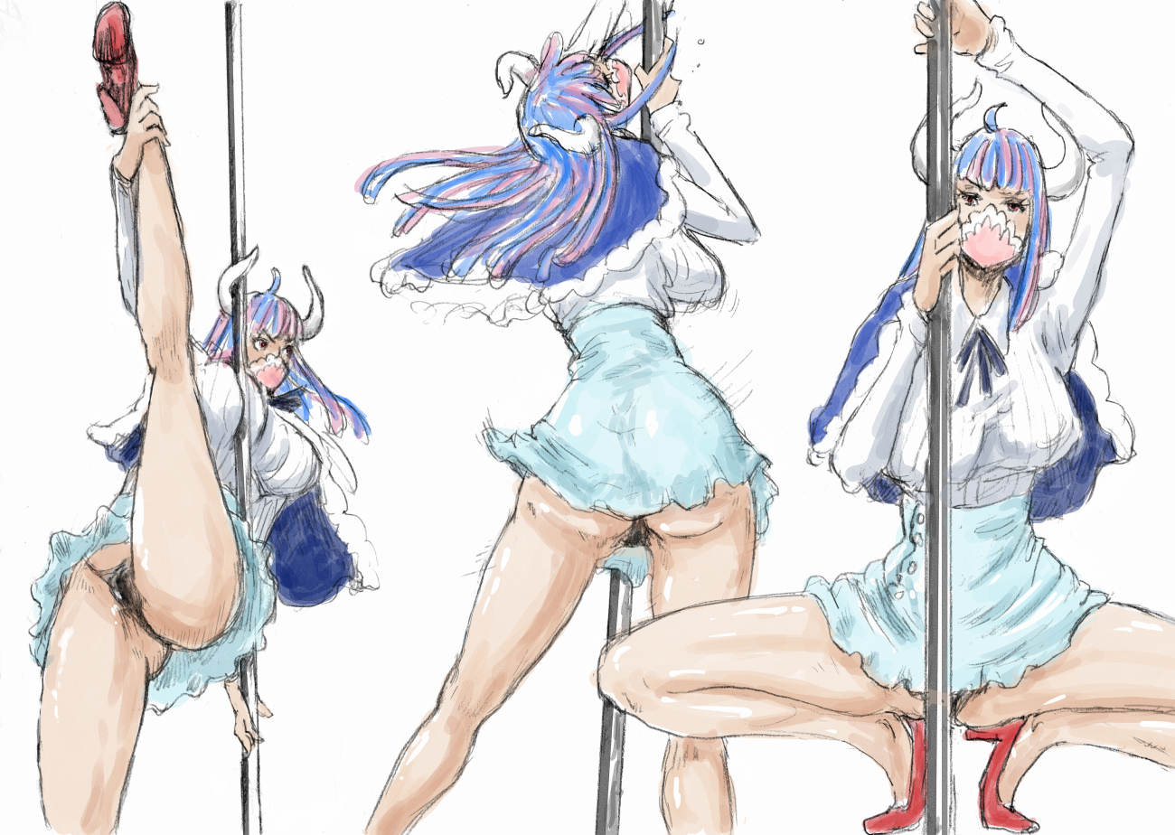 1girls, ass, blue hair, blue-haired female, breasts, bubble ass, bubble butt, cleavage, clothing, female, female only, high heels, large breasts, min71182, one piece, squatting, thong, ulti (one piece), upskirt