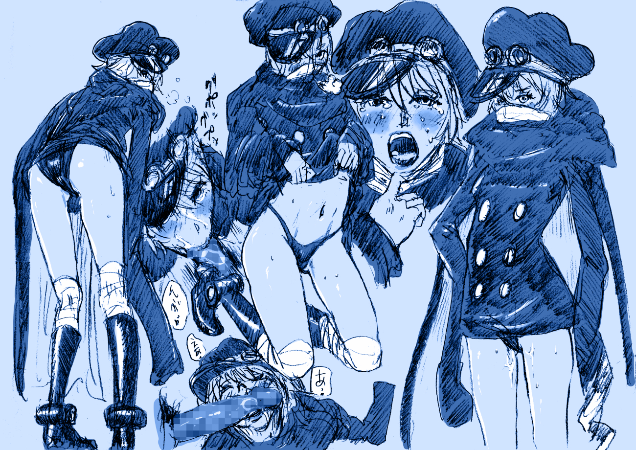 1boy, ass, bandaged leg, bandages, blue theme, blush, boots, breath, clothes lift, clothing, clothing request, crying, crying with eyes open, dark skin, dark-skinned male, feet out of frame, fellatio, female, from behind, full body, goggles, goggles on headwear, groin, gunko, hand on own hip, hat, jacket, jacket lift, kneeling, looking at viewer, looking back, male, male pubic hair, mask, mask pull, min71182, monochrome, multiple views, navel, one piece, open mouth, oral, panties, pov, pov crotch, pubic hair, pussy, pussy juice, short hair, sleeves past fingers, sleeves past wrists, speech bubble, standing, straight, tearing up, tears, thighs, underwear, very long sleeves