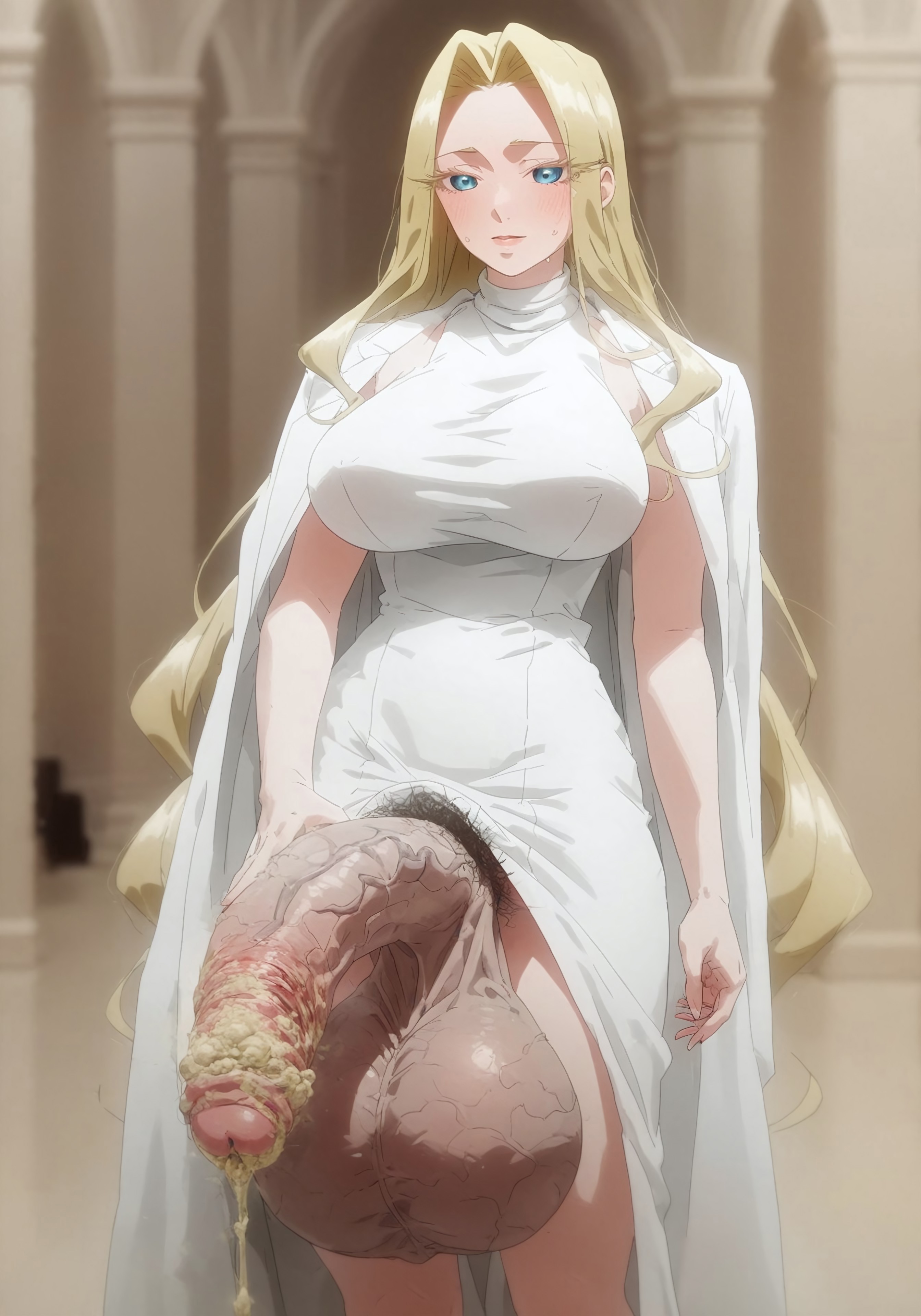 ai generated, balls, blonde hair, blue eyes, breasts, civitai, cum, full-package futa, futanari, hi res, huge balls, huge cock, hung futa, intersex, kimi no koto ga dai dai dai dai daisuki na 100-nin no kanojo, large breasts, myth1c2, penis, pubic hair, smegma, smegmafied cum, testicles, utsukushisugi mimimi, veiny balls, veiny penis, veiny testicles, yellow cum