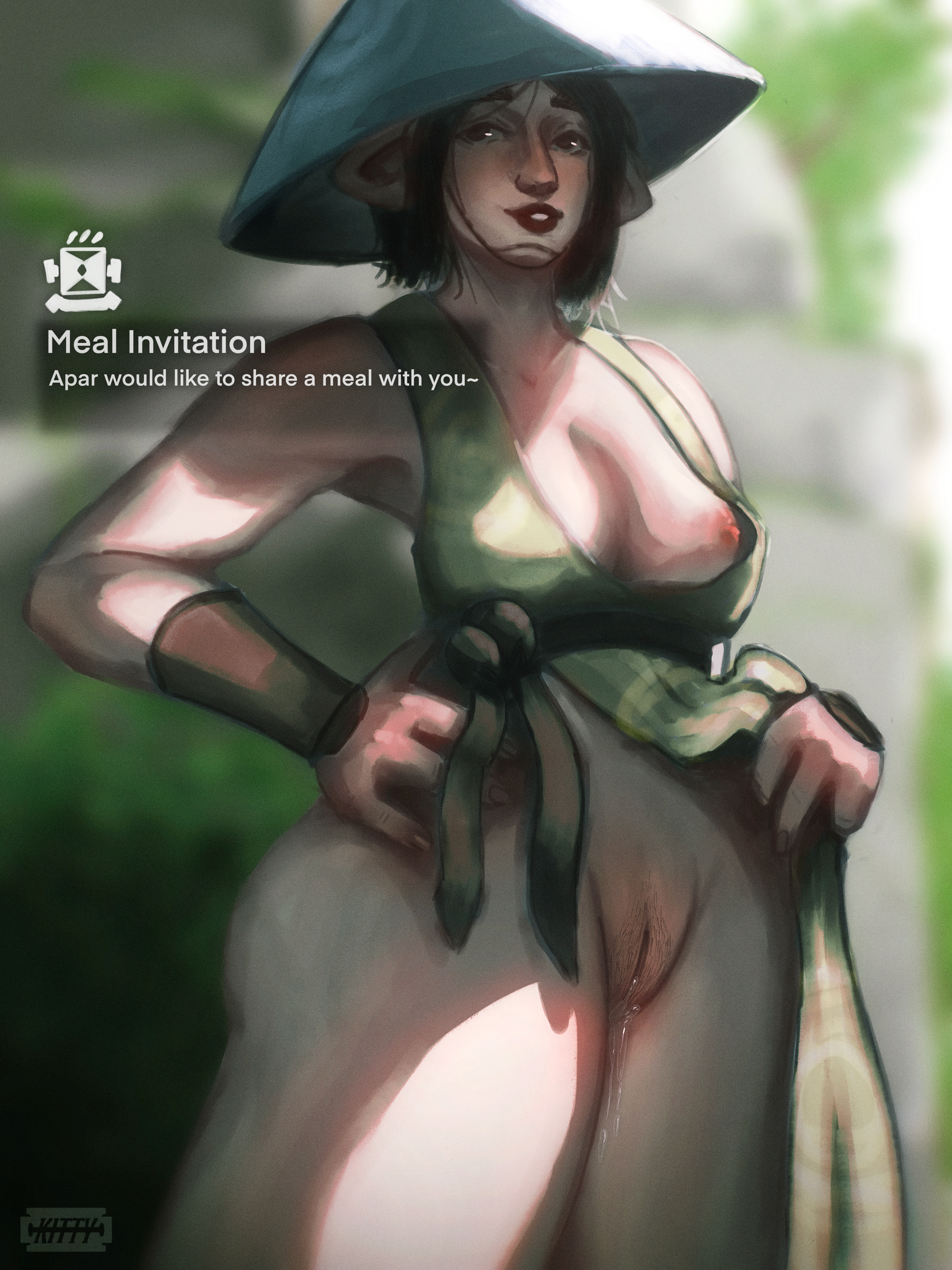 1girls, apar (monster hunter), breasts, breasts out, capcom, female, female only, monster hunter, monster hunter wilds, partially clothed, pubes, pubic hair, pussy, pussy juice, pussy juice drip, razorbladekitty, revealing pussy