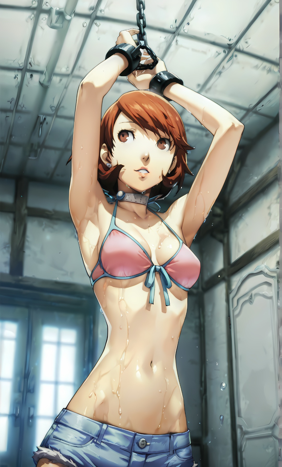 ai generated, armpits, arms up, bedroom, bikini, bondage, brown eyes, brown hair, chained up, chains, daisy dukes, denim, denim shorts, female, helpless, narrow waist, persona, persona 3, shackles, skinny, slender waist, slim waist, sweat, swimsuit, wet body, yukari takeba, yukari takeba (swimsuit)
