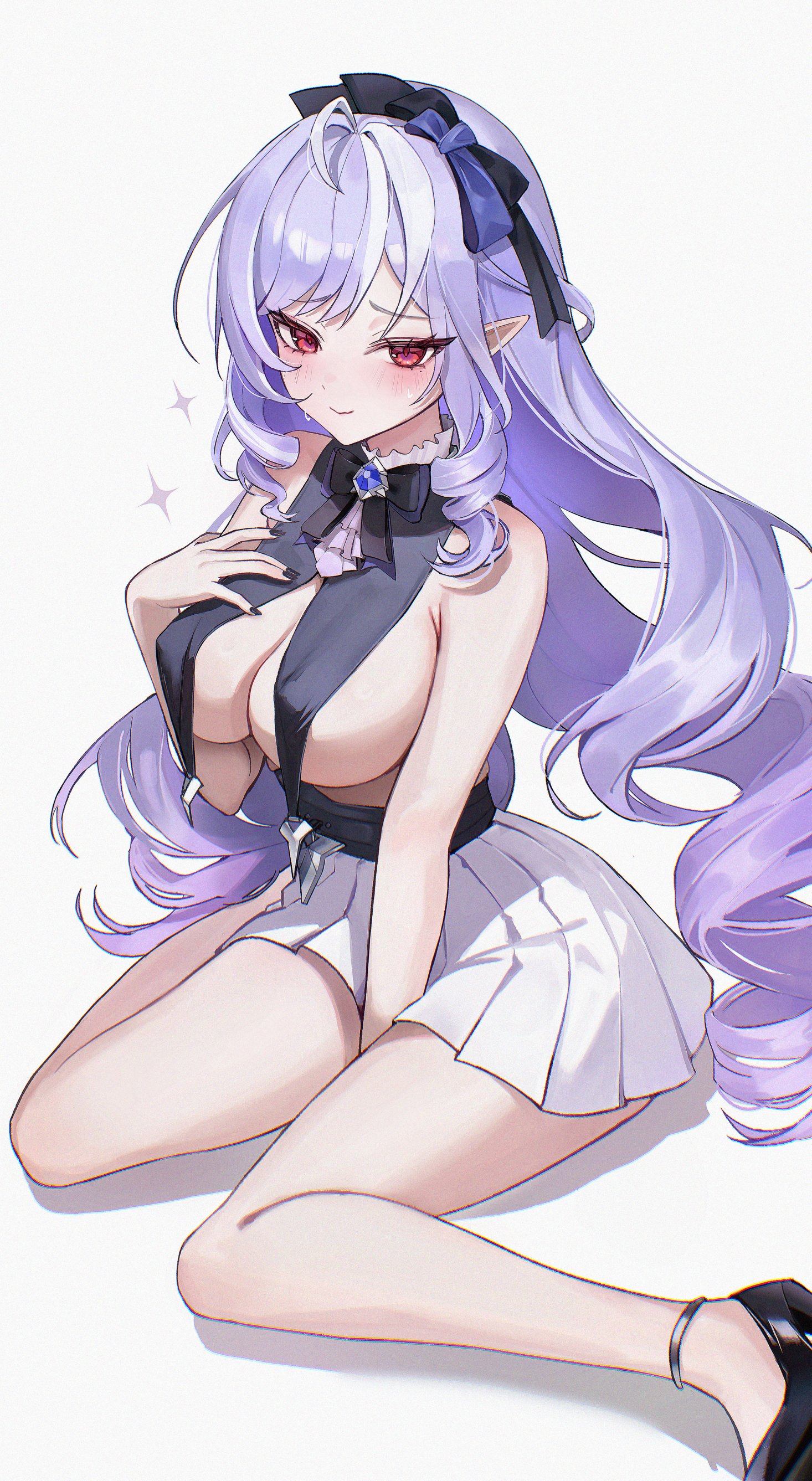 1girls, artist request, blush, blushing, breasts, cleavage, female, female only, high heels, hoyoverse, huge breasts, knife ears, large breasts, legs, mihoyo, miniskirt, mostly clothed, pointy ears, purple hair, red eyes, revealing clothes, sharp ears, skirt, thighs, vivian banshee, zenless zone zero, zije