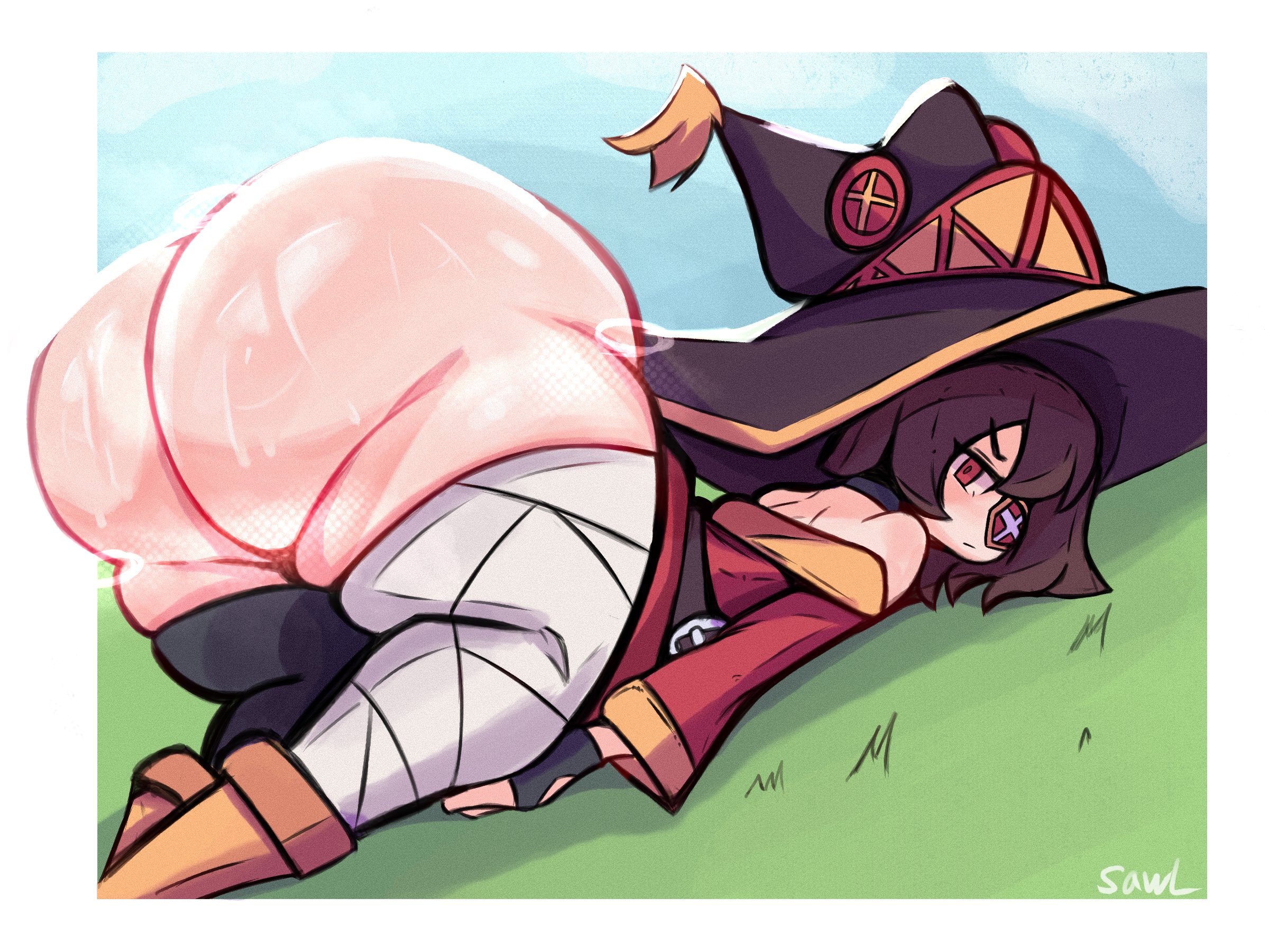 1girls, 2025, 2d, 2d (artwork), ass, ass focus, big ass, big butt, bottomless, casual nudity, face down ass up, female, female only, high resolution, highres, huge ass, kono subarashii sekai ni shukufuku wo!, konosuba, light skin, light-skinned female, megumin, notsawl, solo, solo female, sweatdrop, sweaty ass, sweaty butt, teasing, topwear