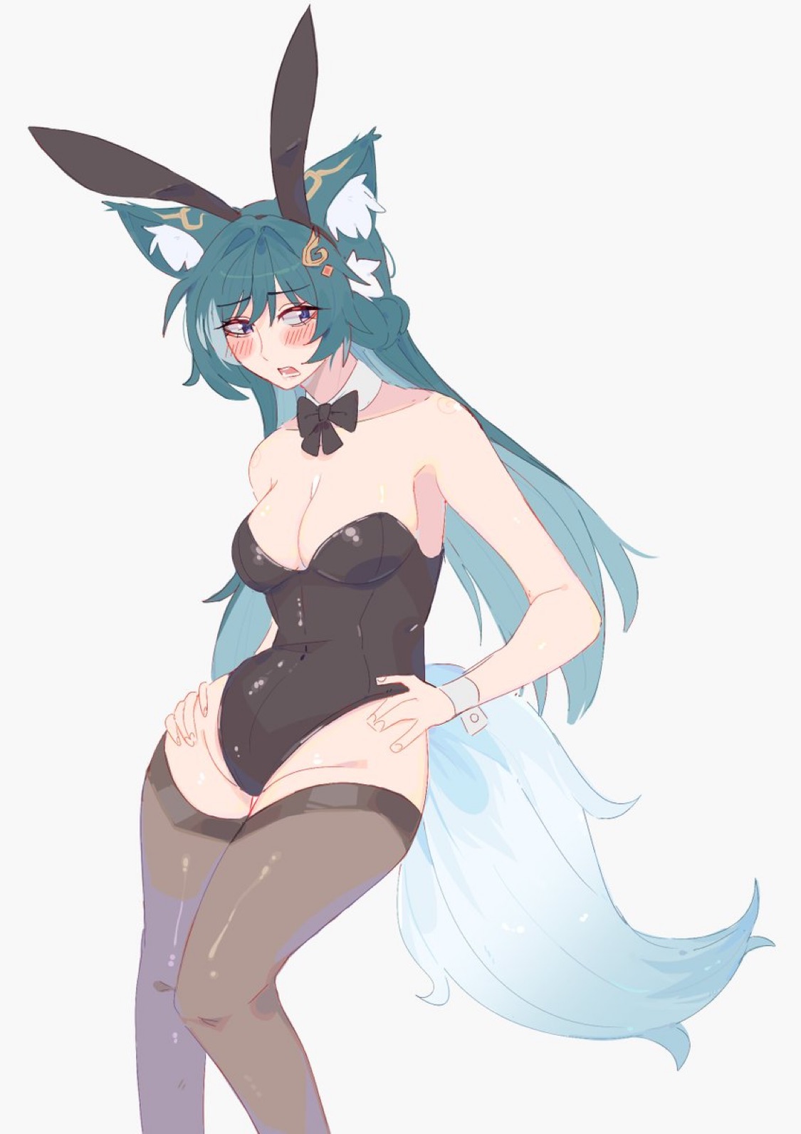 blue hair, bunny ears, bunny girl, bunnysuit, embarrassed, embarrassed female, female, fluffy tail, fox ears, fox girl, green hair, hands on hips, honkai: star rail, infamcantaloupe, skimpy clothes, stockings, tail, unfamousradish, yukong (honkai: star rail)