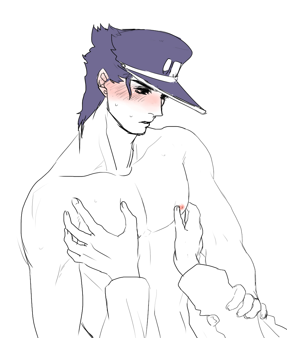 1boy blush jojo's_bizarre_adventure jotaro_kujo male male_nipples male_only muscular_male nude_male solo stardust_crusaders touching_chest