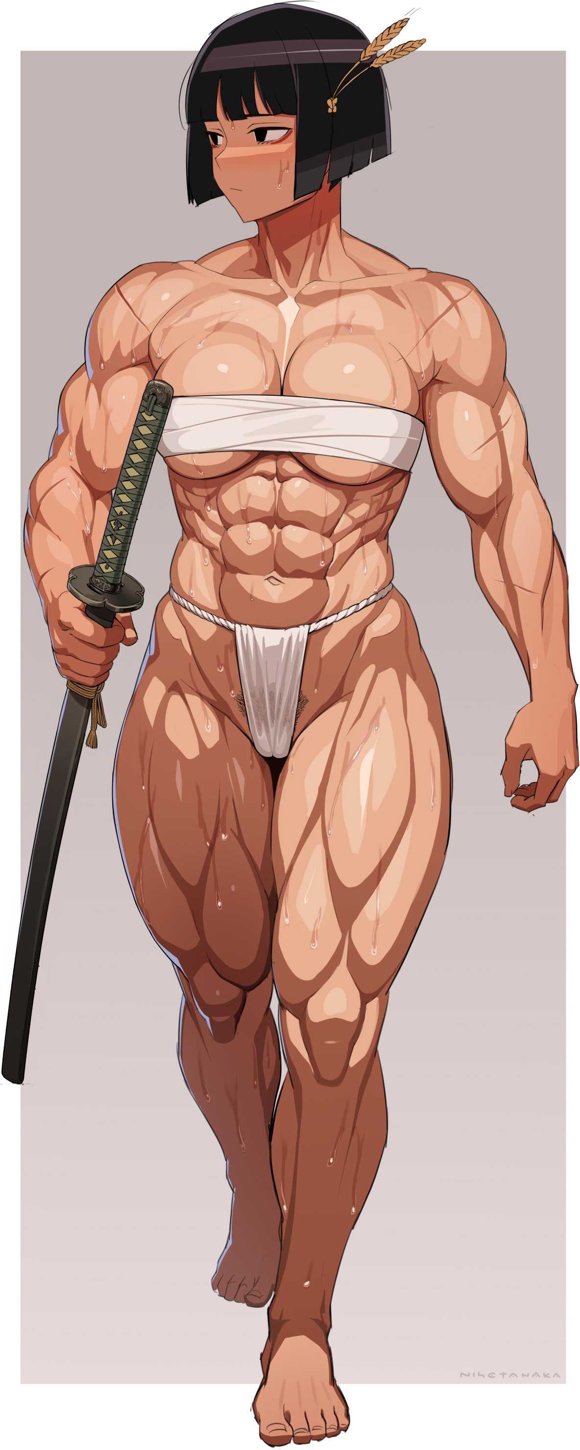 1girls, abs, asian, asian female, athletic, athletic female, biceps, big boobs, big breasts, black hair, black hair female, boobs, breasts, cameltoe, feet, female, female focus, female only, female pubic hair, fundoshi, japanese, japanese female, large boobs, large breasts, light skin, light-skinned female, loincloth, muscular, muscular female, nisetanaka, nisetanaka tkyo, nisetanaqa, pubic hair, pubic hair peek, pubic stubble, scar, solo, solo female, solo focus, sweat, sweatdrop, sweating, sweaty, sweaty body, sword, toes, toned, toned female