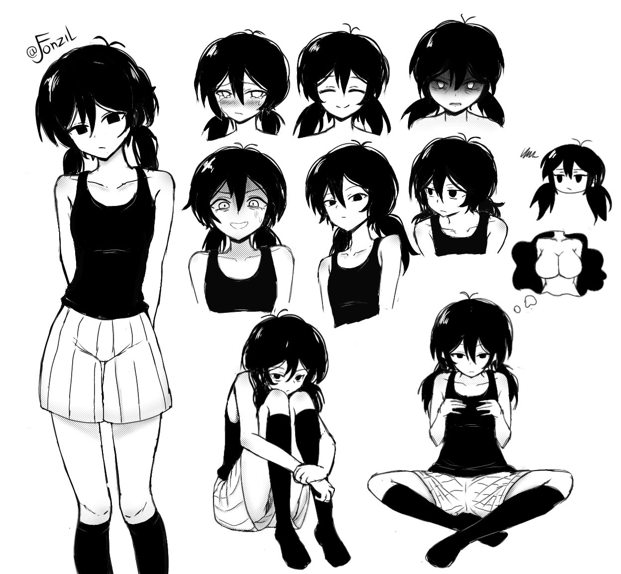 1girls, black and white, breasts, character sheet, clothed, fanart, female, female only, femomori, femsunny (omori), genderswap (mtf), jayfonzi, not porn, omori, omori (character), pigtails, rule 63, shorts, skinny, skinny female, sunny (omori), tank top