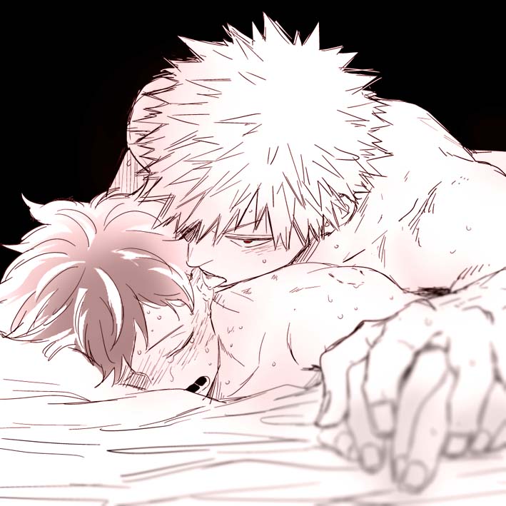 2boys, ambiguous penetration, anal, anal penetration, anal sex, artist request, bakugou katsuki, bed, bed sheet, bite mark, bite mark on shoulder, biting ear, black background, blush, boku no hero academia, close up, close-up, closed eyes, crying, crying with eyes closed, deku, dominant male, gay, grabbing sheets, hand holding, holding down, holding hands, izuku midoriya, katsuki bakugou, licking ear, male, male only, male/male, messy hair, midoriya izuku, mouth open, multiple boys, multiple males, muscular, muscular male, my hero academia, no visible genitalia, on bed, penetration, pinned, pinned down, sex, spiky hair, submissive male, sweat, sweating, sweaty, tears, yaoi