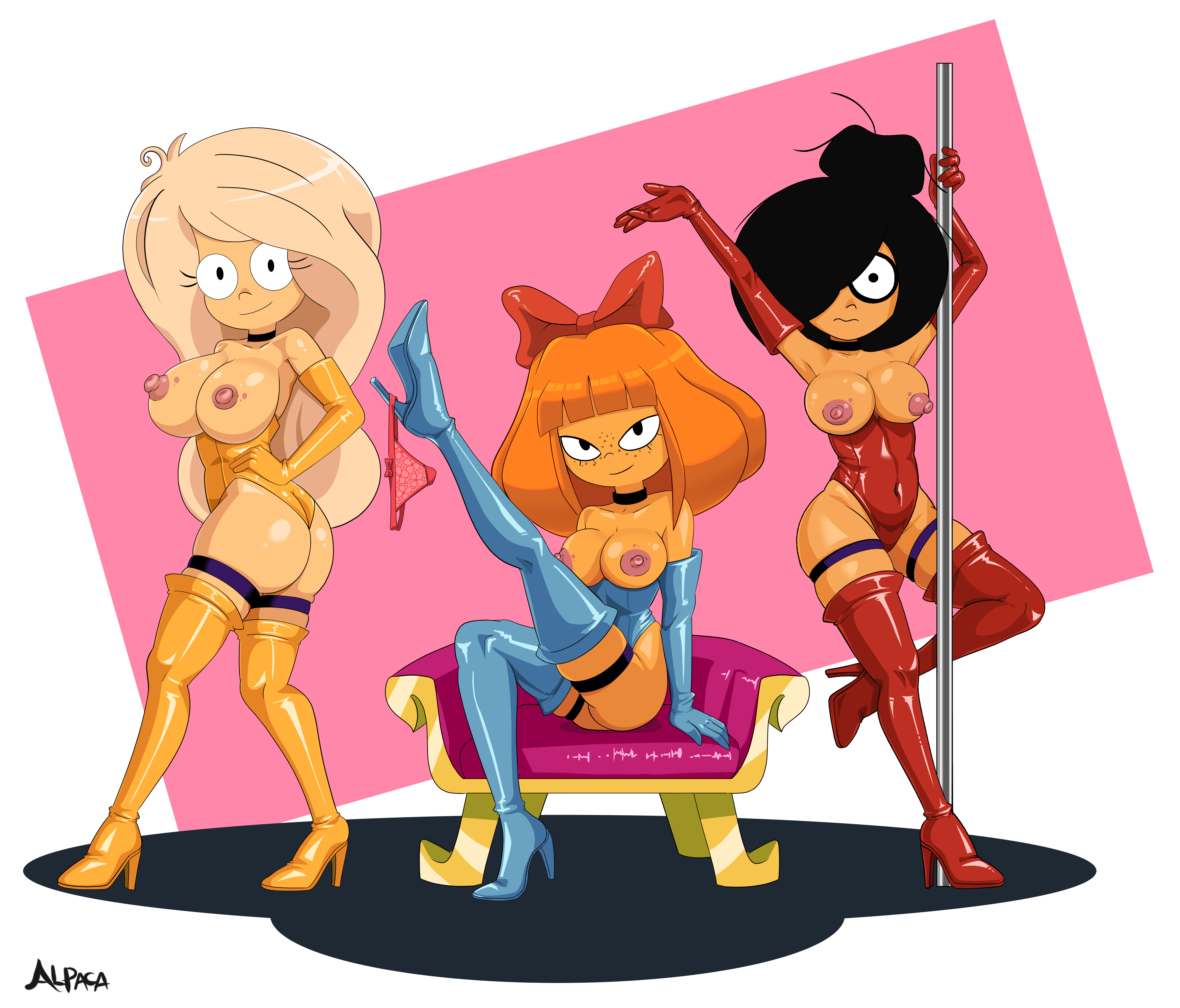 , 2026, 3girls, absurd res, alpaca nsfw, armwear, ass, black hair, blonde hair, bob cut, boobs, boots, bowtie, breasts, breasts out, busty, butt, chair, choker, coco schoppenboer, commission, female, female focus, female only, freckles, freckles on face, full body, gloves, hands on hips, high heels, high resolution, highres, leg up, legwear, looking at viewer, maya schoppenboer, mymy schoppenboer, navel, nipples, ongezellig, orange hair, panties, panties removed, partially clothed, pink background, pole, seductive, seductive look, sitting, sleeves, smile, smug, standing, thigh boots, thigh strap, underwear