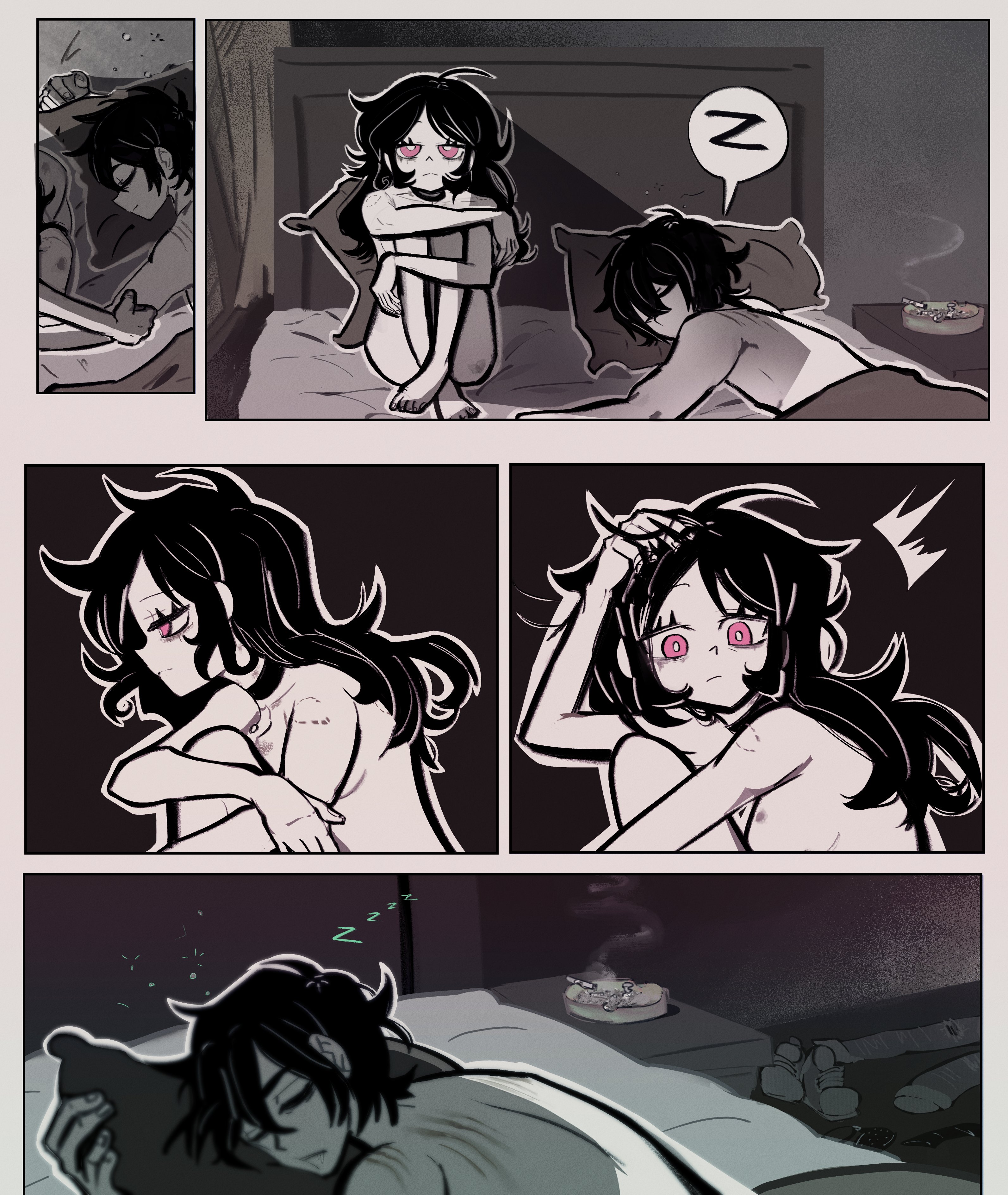 1boy, 1girls, 2d, after sex, andrew graves, ashley graves, ashtray, bed, bite mark, bite marks, black hair, breasts, brother and sister, bruise, bruised, choker, cigarette, comic, female, hickey, hickey marks, incest, male, nekomagicalgirl, nude, pink eyes, ruined makeup, running mascara, runny makeup, scratch marks, scratches, siblings, sleeping, straight, the coffin of andy and leyley