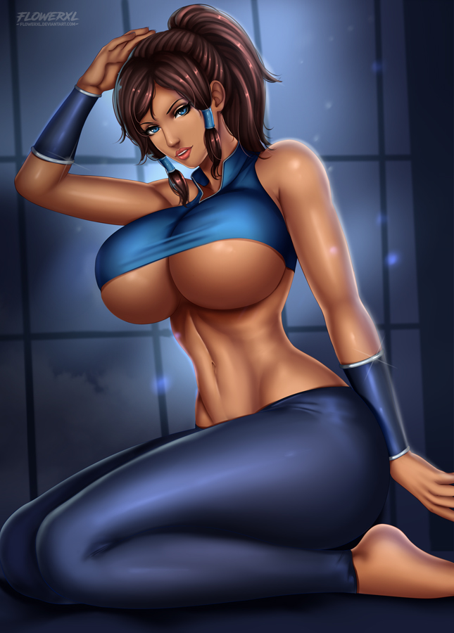 1girls, avatar legends, breasts, cleavage, clothing, dark skin, dark-skinned female, feet, female, female only, flowerxl, huge breasts, korra, large breasts, looking at viewer, pinup, smooth skin, solo, the avatar, the legend of korra, underboob, water tribe