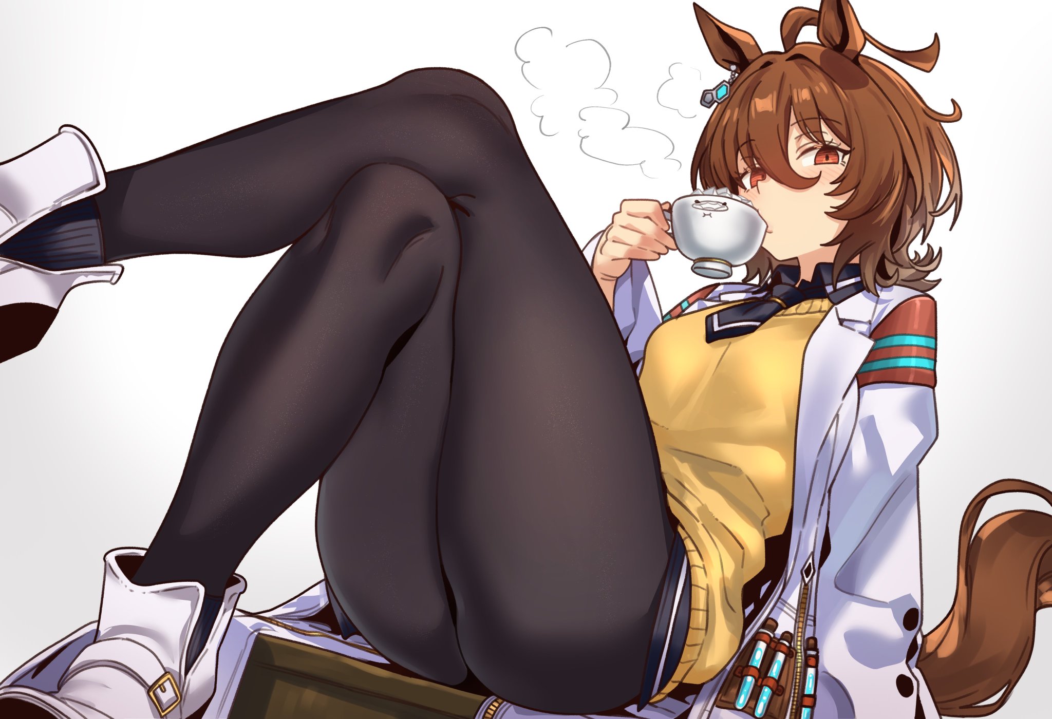 1girls, agnes tachyon (umamusume), animal ears, ass, big thighs, black leggings, black legwear, brown hair, clothed, clothing, crossed legs, cup, drinking, ebora, horse ears, horse girl, horse tail, huge thighs, labcoat, large thighs, legwear, necktie, not porn, pantyhose, red eyes, short hair, solo, solo female, solo focus, tagme, tail, thick thighs, thighs, tights, umamusume, umamusume pretty derby, wide hips, youngmanisdown