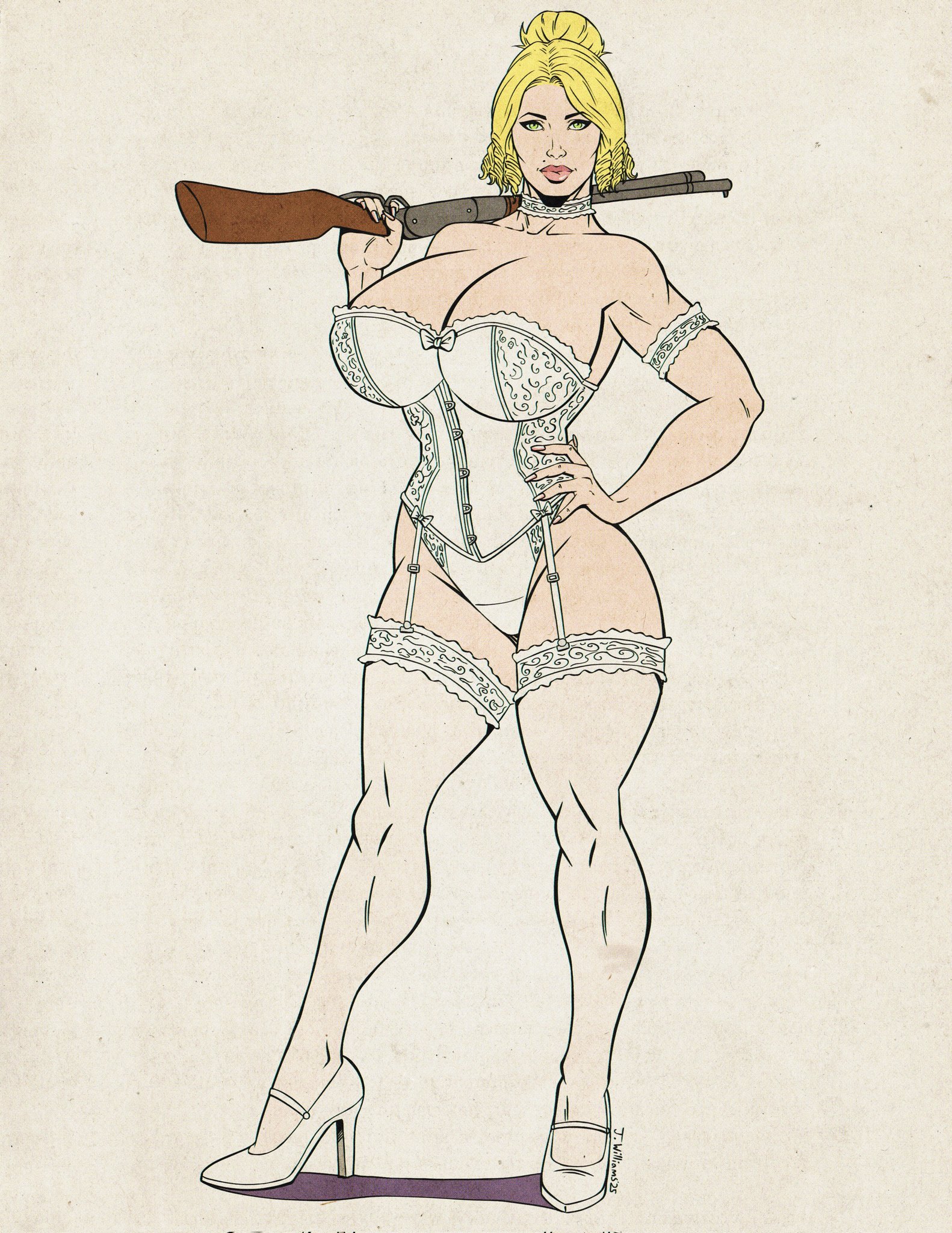 1girls, 2d, big breasts, blonde hair, blue eyes, bra, breasts, corset, female, female only, gun, hand on hip, high heels, jaywilliamzart, karen jones, lingerie, looking at viewer, red dead redemption (series), red dead redemption 2, shotgun, solo, solo female, thighhighs, underwear, weapon, white lingerie
