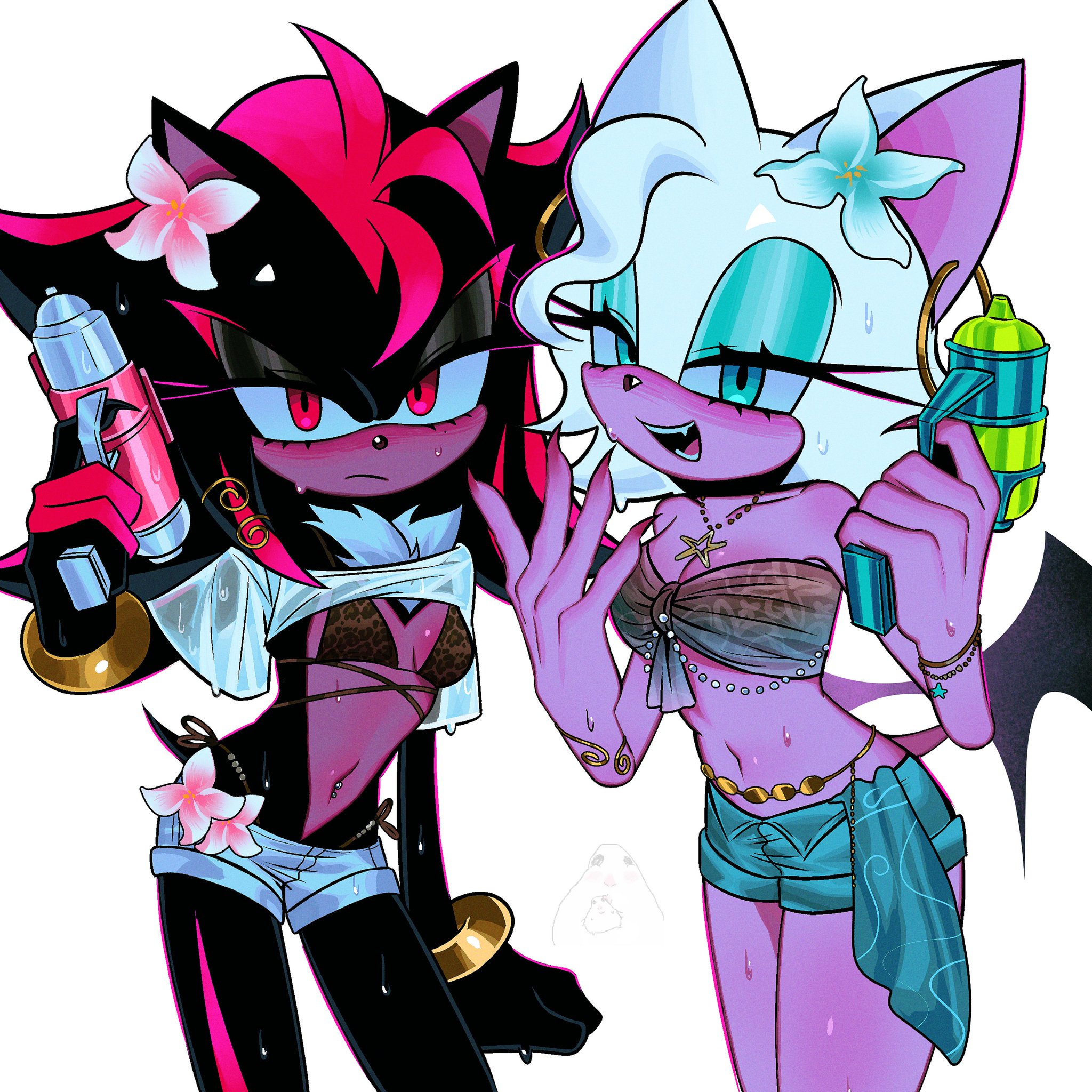 2026, 2girls, a k1as, bat ears, bat wings, bikini, black fur, blush, chest tuft, eyeliner, fangs, flat chest, flower in hair, leopard print, leopard print bikini, lidded eyes, looking at viewer, nails, navel piercing, red eyes, revealing clothes, rouge the bat, rule 63, sega, shade the hedgehog, shadow the hedgehog, short shorts, small breasts, sonic (series), squirt gun, teal eyes, water gun, wet clothes, wet clothing, white background