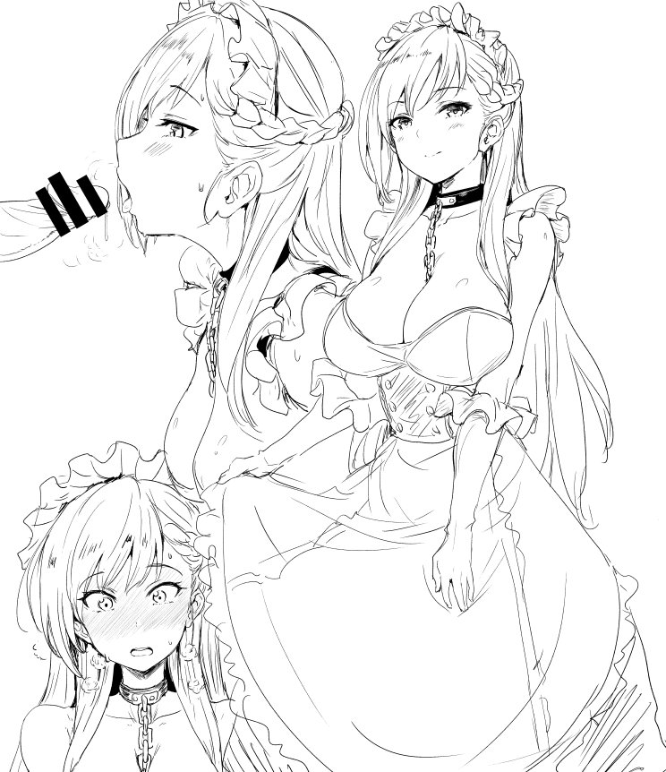 azur_lane bangs belfast_(azur_lane) blush braid breasts chains clearite cleavage collar dress embarrassed fellatio female french_braid large_breasts long_hair maid maid_headdress monochrome oral sketch