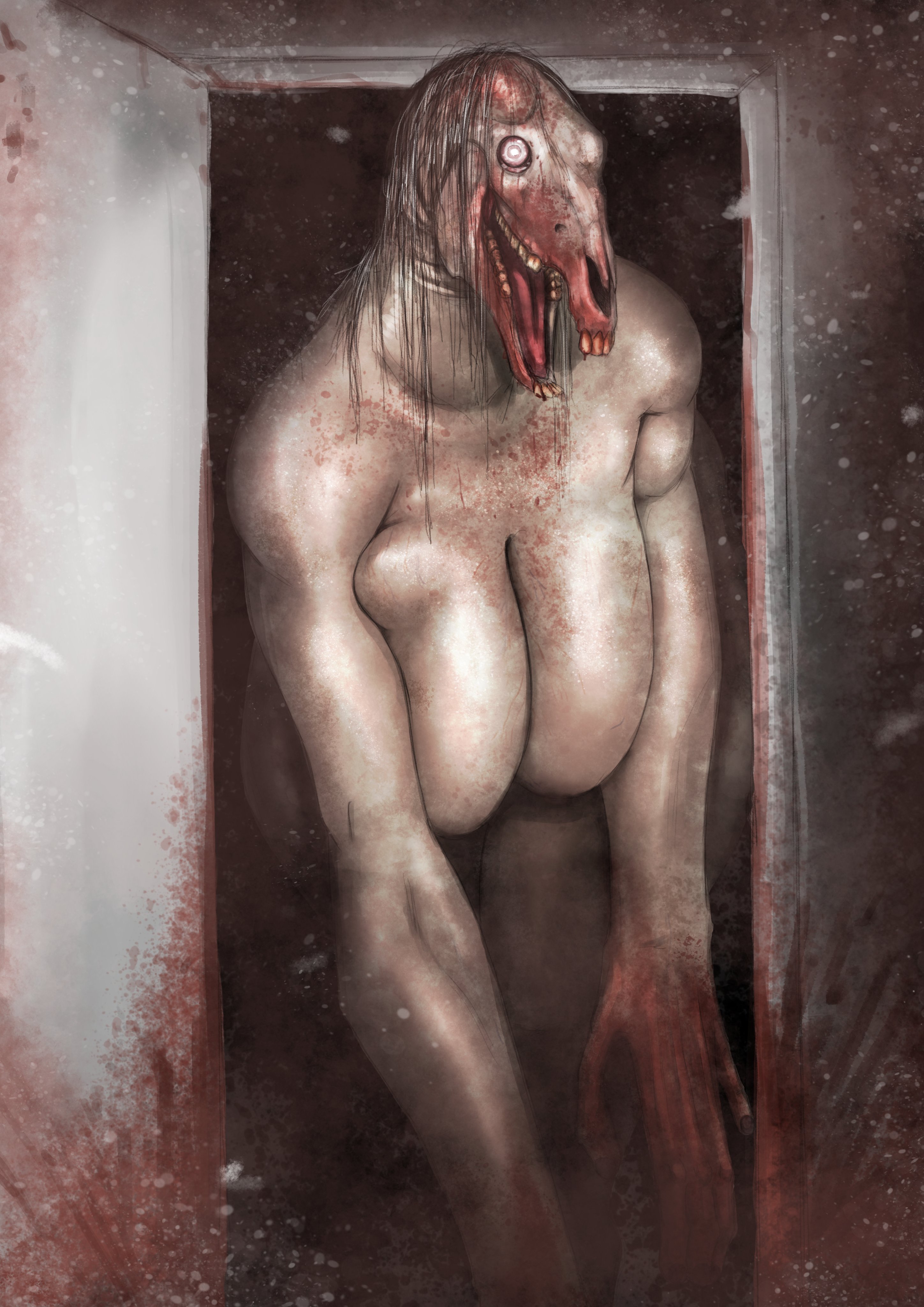 1girls, big breasts, blood, blood stain, boob squish, breasts, creepy, female, female only, giant breasts, gigantic breasts, hear me out, horror, huge breasts, hxveuseenmypen, large breasts, massive breasts, monster, monster girl, nightmare fuel, nightmare waifu, on all fours, uncanny valley, voluptuous, voluptuous female, wide mouth