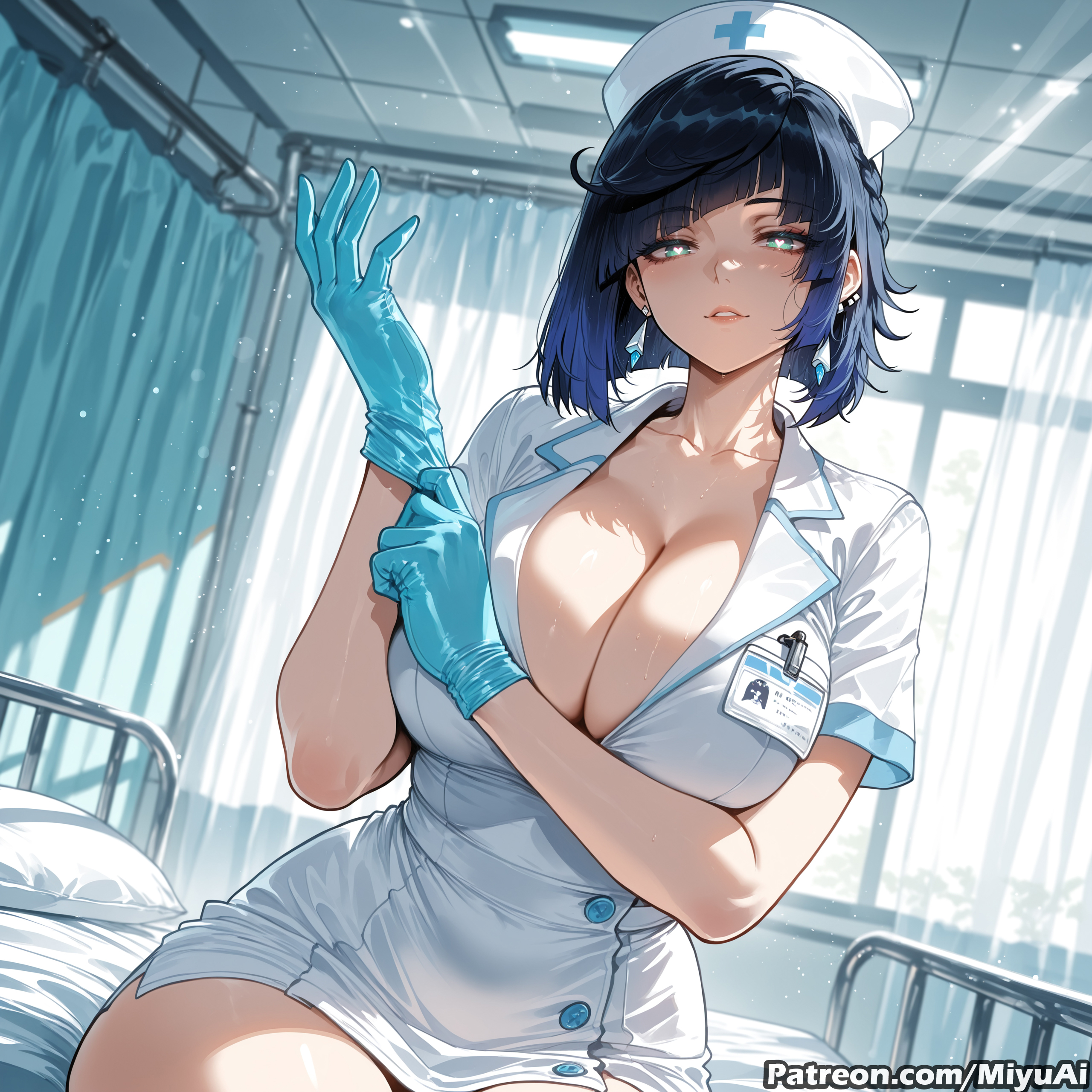 1girl, ai generated, bangs, blue hair, blush, breasts, cleavage, closed mouth, collarbone, collared dress, curtains, curvaceous, curvaceous female, curvaceous figure, curvy, curvy body, curvy female, curvy figure, curvy hips, earrings, eyebrows visible through hair, female, genshin impact, gloves, hat, heart, hearts, hospital, huge breasts, indoors, jewelry, miyuai, mole on breast, nurse, nurse cap, nurse clothing, nurse hat, nurse uniform, putting on gloves, short hair, short sleeves, side view, smile, thick, uncensored, voluptuous, voluptuous body, voluptuous female, window, yelan (genshin impact)