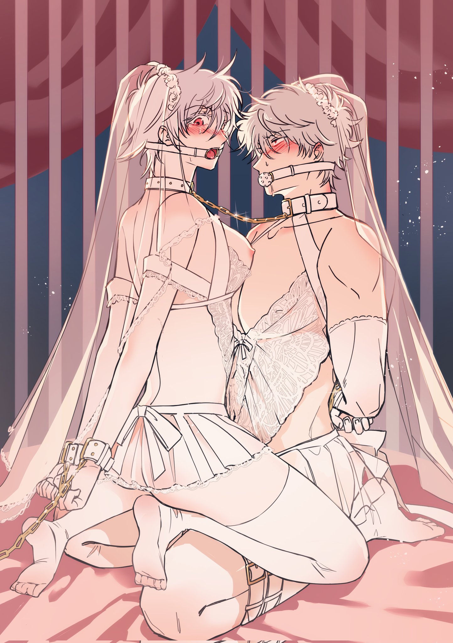 1boy, 1girls, arms behind back, ball gag, both sexes in same situation, breasts, breasts out, bridal lingerie, bridal veil, bride, canon genderswap, chain, chained, collar, crossdressing, dual persona, feige's violent words, female, gag, gagged, genderswap (mtf), ginko sakata, gintama, gintoki sakata, lace, lingerie, linked collar, looking at viewer, looking back, male, masculine male, open mouth gag, pale skin, pale-skinned male, red eyes, restrained, rule 63, short hair, sweatdrop, tears, thighhighs, wedding dress, wedding lingerie, wedding veil, white hair, white legwear, white thighhighs, wrist cuffs
