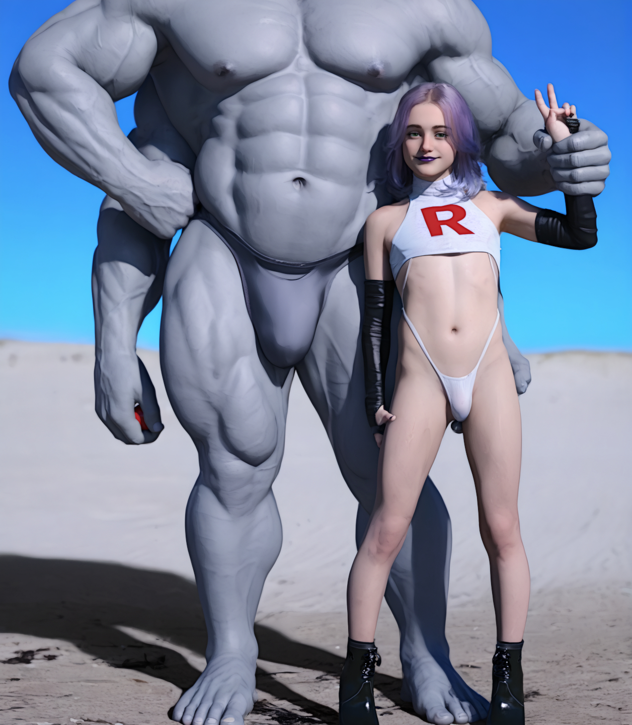 ass grab, boots, femboy, gay, hdregrets, james (pokemon), light skin, light-skinned male, lipstick, machamp, makeup, male, male only, monster, muscular, muscular male, peace sign, pecs, penis size difference, pokemon, pokemon (species), pokemon on human, pokemon on male, pokemon rgby, pokephilia, purple hair, purple lipstick, size difference, sling bikini, slingshot swimsuit, swimsuit, swimwear, team rocket, team rocket uniform, turtleneck, v sign, vascular, veiny, veiny muscles, veiny penis, yaoi