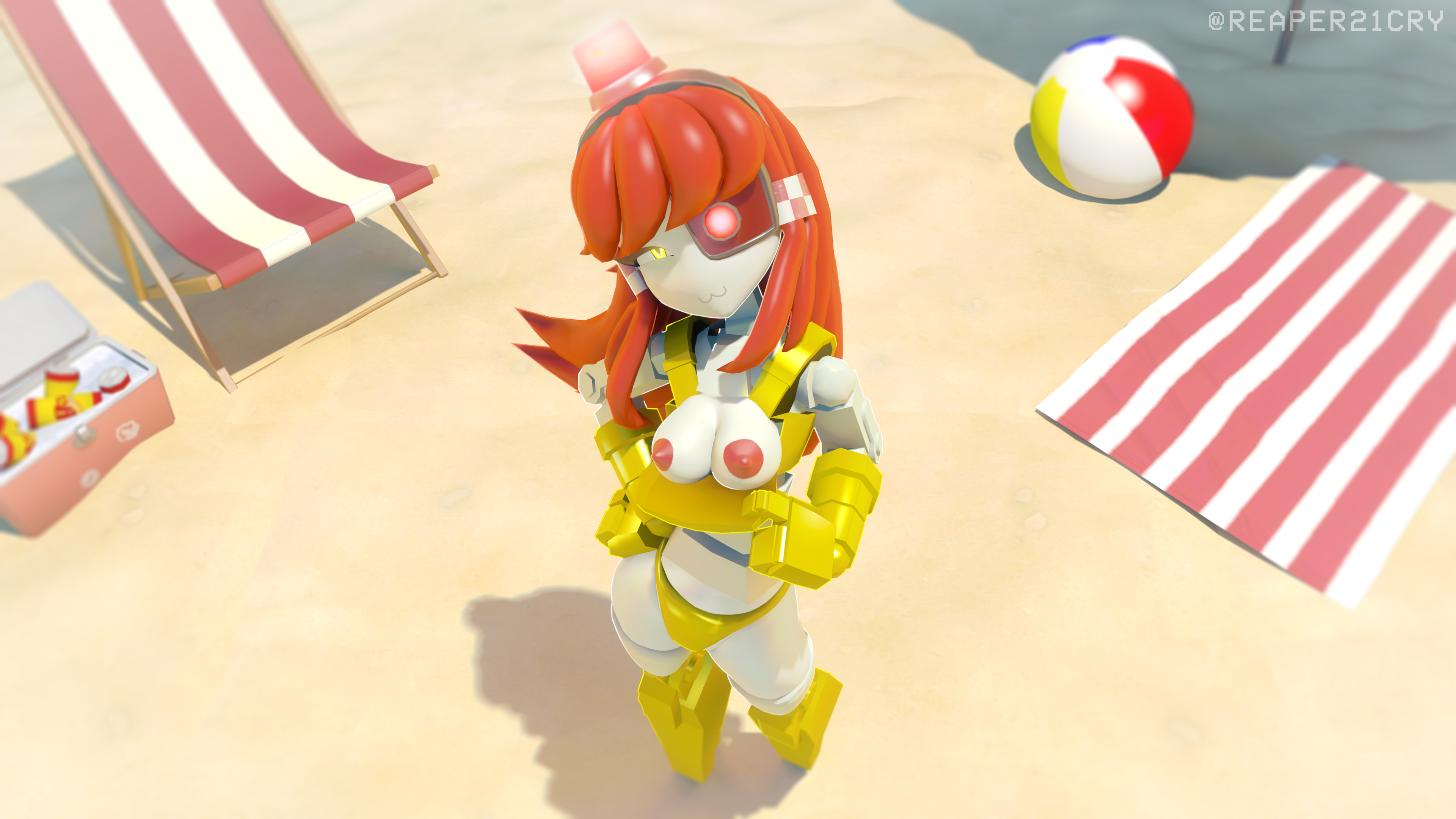 1girls, 3d, 3d (artwork), 4k, alternate version, areola, beach, beach ball, beach chair, beach towel, breasts, breasts out, curvy figure, exposed breasts, female, female focus, female only, fisheye, gloves, glow, glowing eyes, golden clothing, golden swimsuit, golden week, half-closed eyes, hand on hip, hi res, high resolution, highres, long hair, looking at viewer, looking up, medium breasts, mimi sentry, panties, reaper21cry, red areola, red eye, red hair, red nipples, robot, robot girl, robot humanoid, sentry (team fortress 2), sfm, smug, solo, source filmmaker, source filmmaker (artwork), stockings, swimsuit, team fortress 2, viewed from below, white body, white skin, yellow eye
