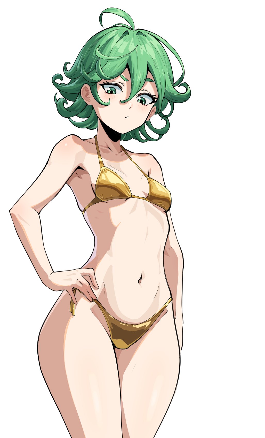 1girls, bikini, breasts, female, female focus, female only, kanashikeki, light skin, light-skinned female, one-punch man, small breasts, solo, swimsuit, tatsumaki, thick thighs, thighs, white background, wide hips
