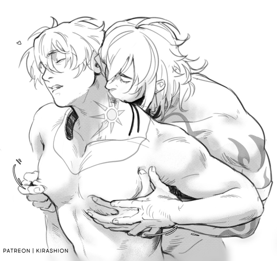 2boys, biting neck, black and white, darksideofkira, eyes closed, from behind, gay, grabbing from behind, heart, honkai: star rail, kirashion, male only, mydei (honkai: star rail), nipple pinch, nipple play, phainon (honkai: star rail), pleasure face, yaoi
