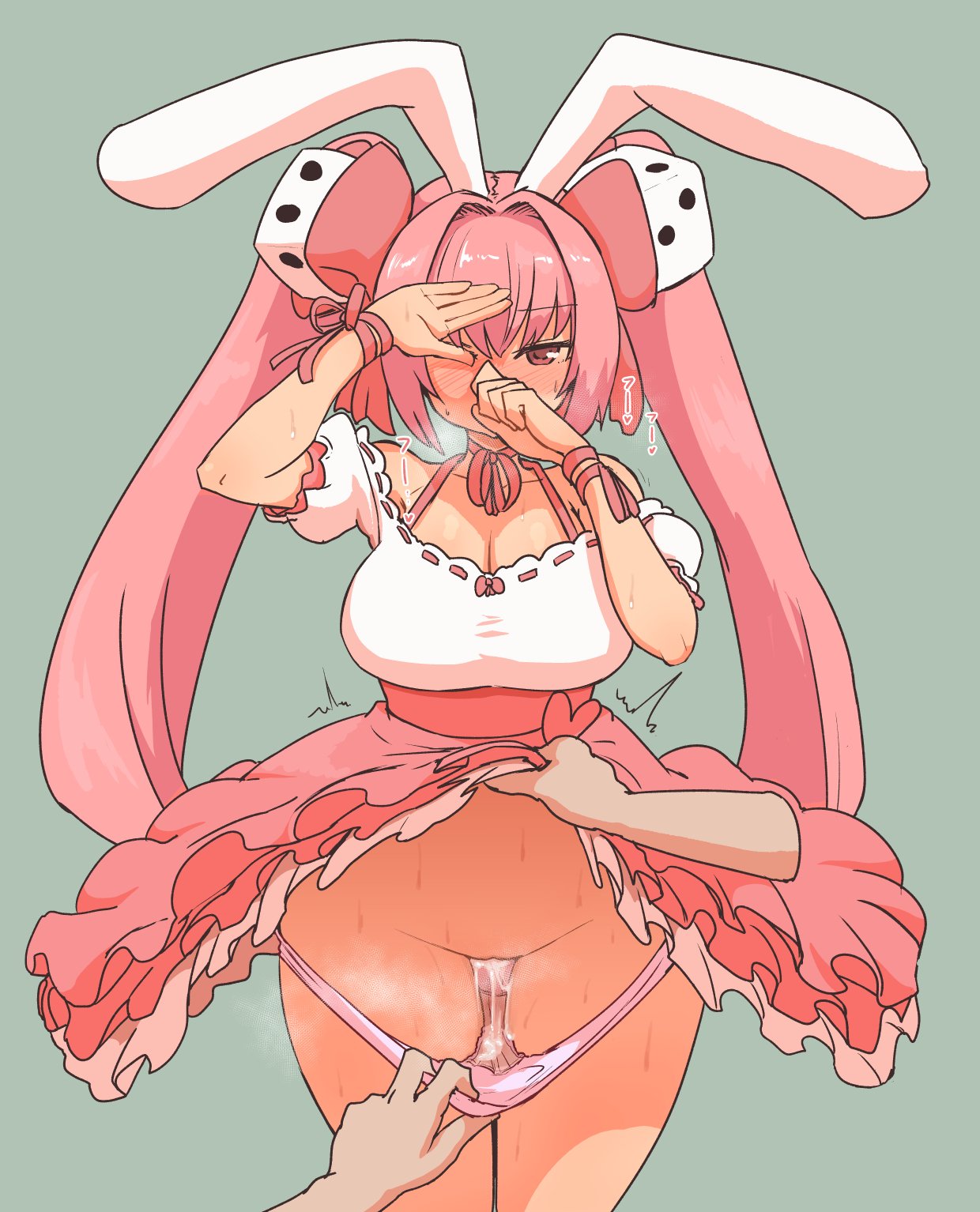 animal_ears bow breasts bunny_ears di_gi_charat dice_hair_ornament dress female hair_ornament hairbow highres large_breasts long_hair panties panty_pull pink_hair pussy_juice pussy_juice_trail red_eyes skirt skirt_lift sumiyao_(amam) twintails underwear usada_hikaru