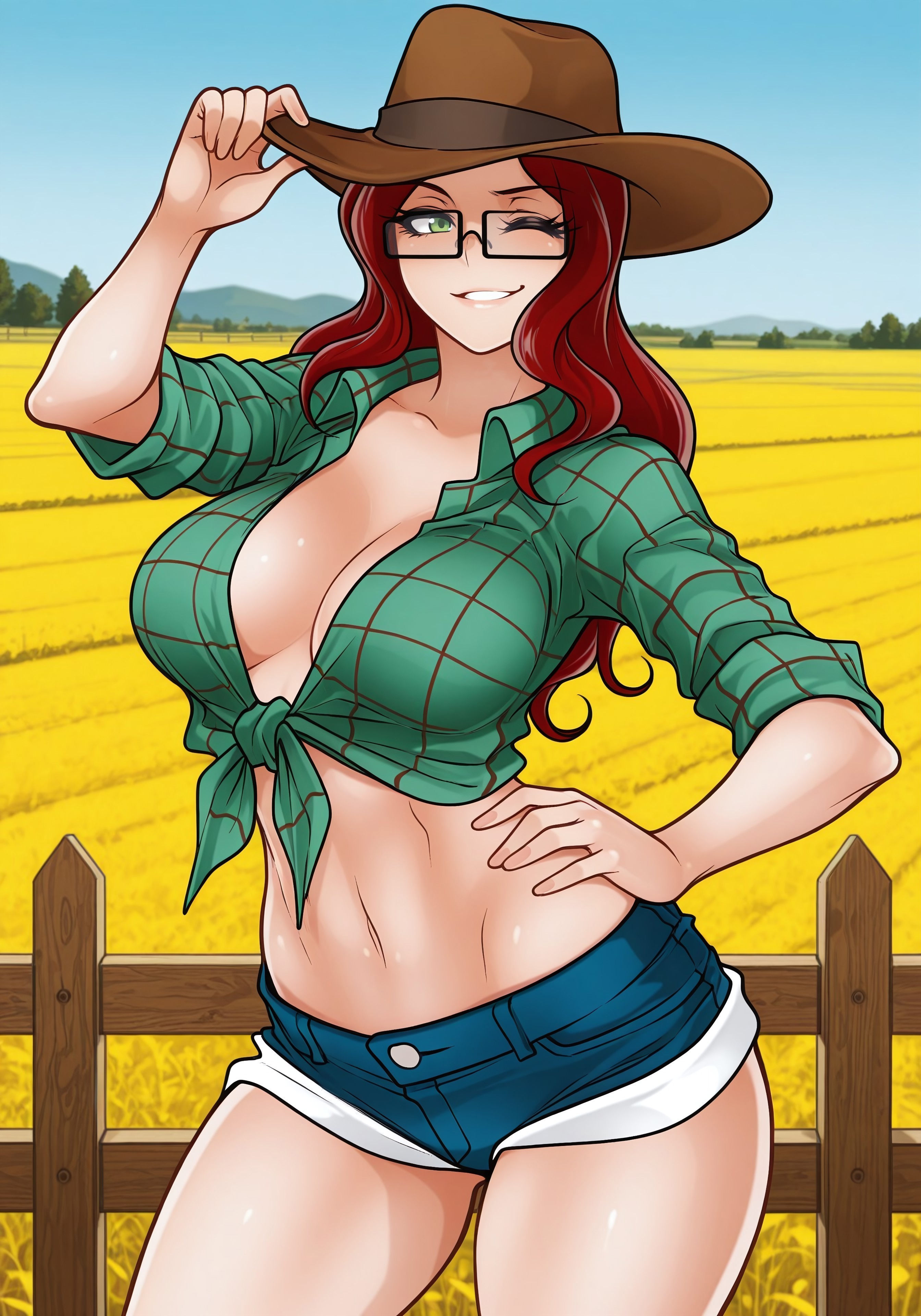 ai generated, ai jago dibuja, cowboy hat, cowboy shot, farmland, fence, field, field background, glasses, green eyes, hand on hip, holding hat, jean shorts, large breasts, leaning to the side, living with hipstergirl and gamergirl, looking at viewer, plaid shirt, rectangular glasses, red hair, shorts, smile, smile at viewer, sophie (living with hipstergirl and gamergirl), tied shirt, wink, winking at viewer