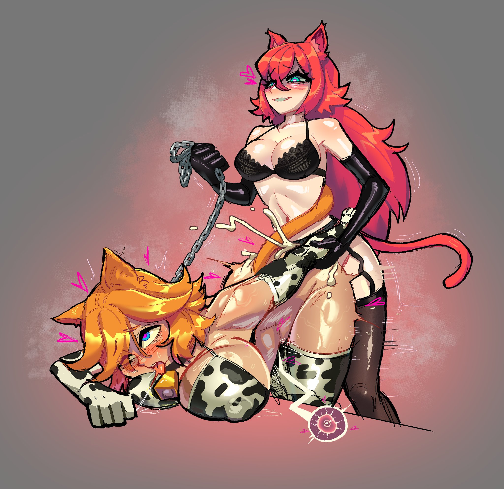 1futa, 2girls, bell collar, blue eyes, boobs, breasts, cat ears, cat tail, catgirl, chained, chains, collar, commission, cow print, cow print bikini, elbow gloves, futanari, gloves, heart-shaped pupils, impregnation, lingerie, orange hair, path (kamikazelrp), red hair, sex, simple background, steam, steaming body