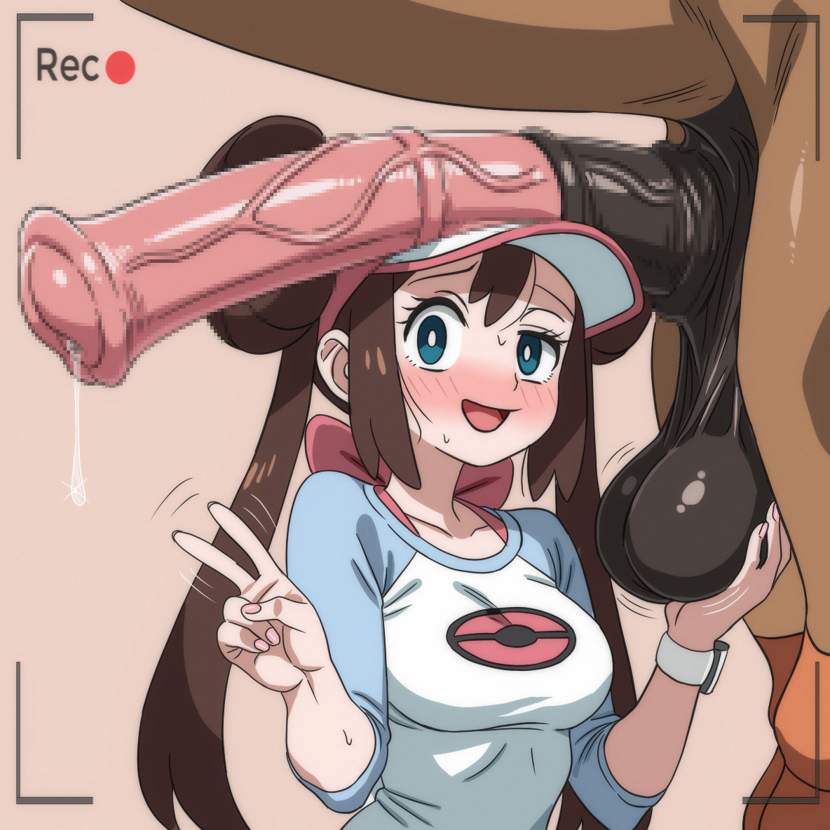 1girl, animal penis, bestiality, blue eyes, blue shirt, blush, breasts, brown hair, caressing testicles, censored, donut hair bun, double bun, hair bun, hetero, hippo power, horse, horse penis, horsecock, huge penis, huge testicles, human, human female, looking at viewer, medium breasts, mosaic censoring, mudsdale, penis, penis on head, poke ball print, pokemon, pokemon (creature), pokemon black 2 and white 2, pokephilia, precum, raglan sleeves, recording, revision, rosa (pokemon), shirt, smile, testicles, twintails, two-tone shirt, v, veins, veiny penis, viewfinder, visor cap, white shirt, zoophilia