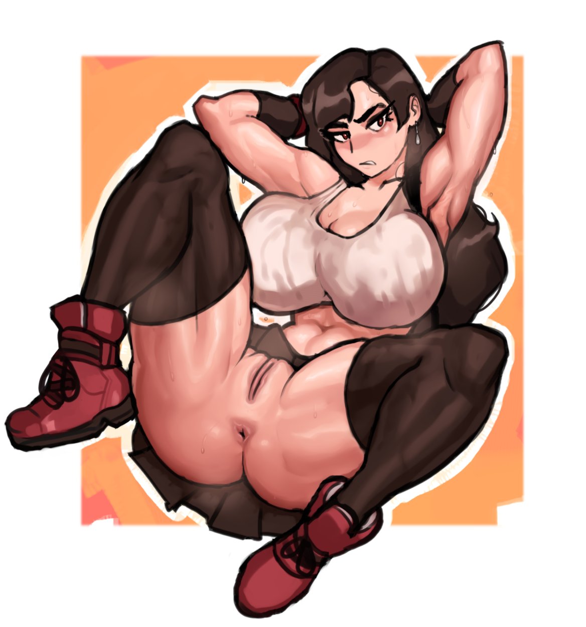 1girls, angry, anus, armpits, arms behind back, arms behind head, arms up, big breasts, black skirt, breasts, cleavage, dolecat, female, female only, final fantasy, final fantasy vii, hairless pussy, hands behind head, huge breasts, leg up, looking at viewer, muscular, muscular female, musk, one leg up, pleated skirt, pussy, seductive, shaved pussy, skirt, skirt lift, smell, solo, spread legs, sweat, sweat stain, teeth, thighhighs, tifa lockhart, toned, toned female