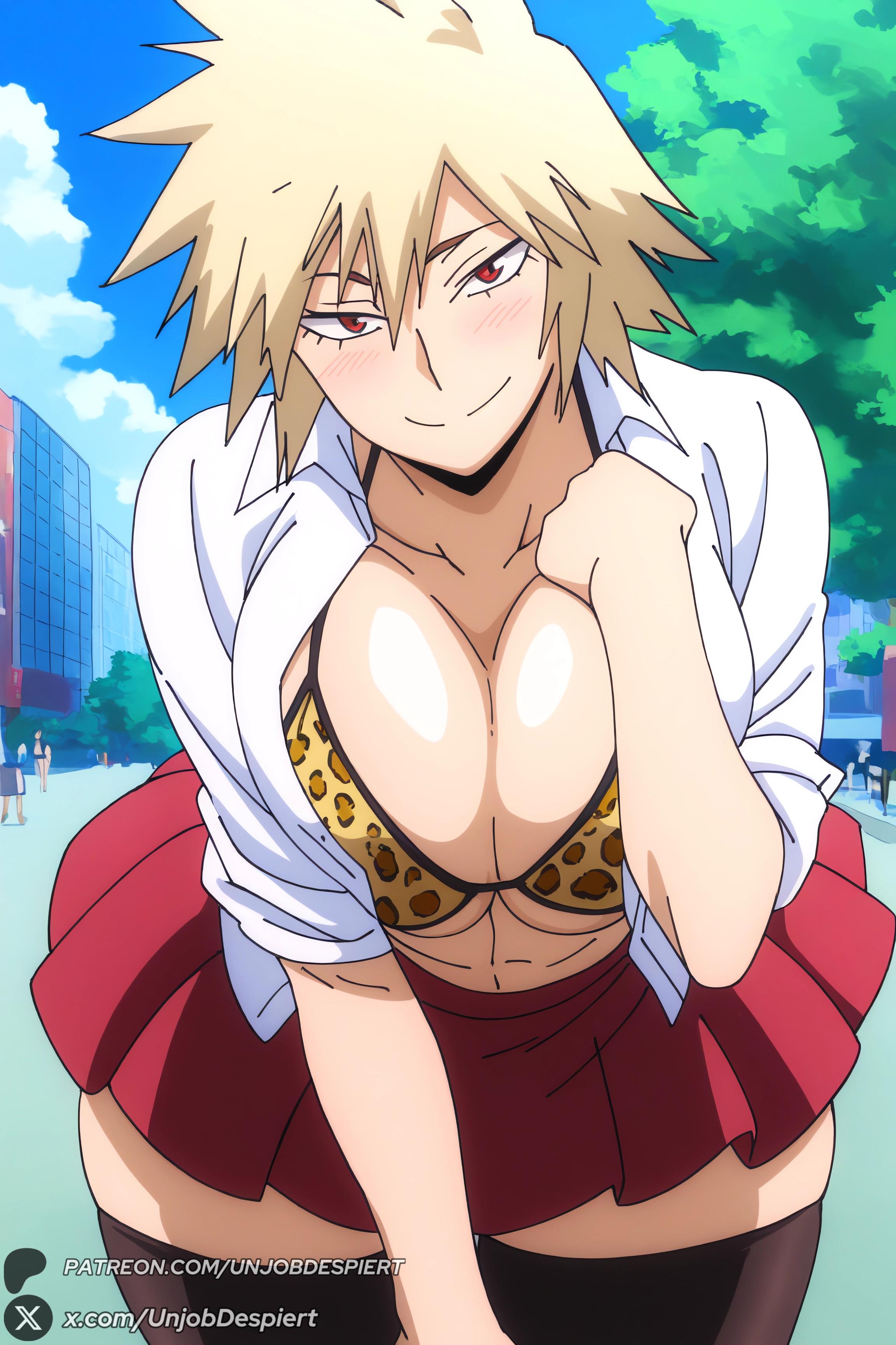 1female, 1girl, 1girls, 2026, ai generated, animal print, artist name, bakugou mitsuki, big ass, big breasts, blonde hair, blush, boku no hero academia, bra, breasts, cleavage, collarbone, curvy, day, female, female only, hi res, high quality, high resolution, highres, huge ass, huge breasts, large breasts, leaning forward, leopard print, looking at viewer, mature female, mitsuki bakugou, my hero academia, open clothes, open shirt, outdoors, patreon, patreon username, pleated skirt, red eyes, red skirt, shirt, short hair, skirt, sky, smile, solo, spiked hair, thighhighs, underwear, unjobdespiert, watermark, white shirt
