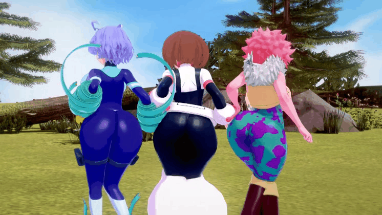 3d, 3girls, animated, ass, boku no hero academia, evaan, gif, hero outfit (mha), koikatsu, mina ashido, mina ashido (hero outfit), my hero academia, nejire hado, ochako uraraka, ochako uraraka (hero outfit), superheroine, twerking, unknown artist, uravity