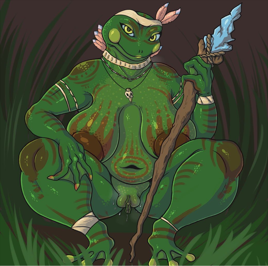 amphibian anthro areola big_breasts big_clitoris breasts choker clitoral_hood clitoris erect_clitoris fat_mons female frog hug huge_areolae labia large_labia liarborn looking_at_viewer nipples nude plump_labia pussy pussy_juice sagging_breasts slightly_chubby solo spear squatting sweat weapon yellow_eyes