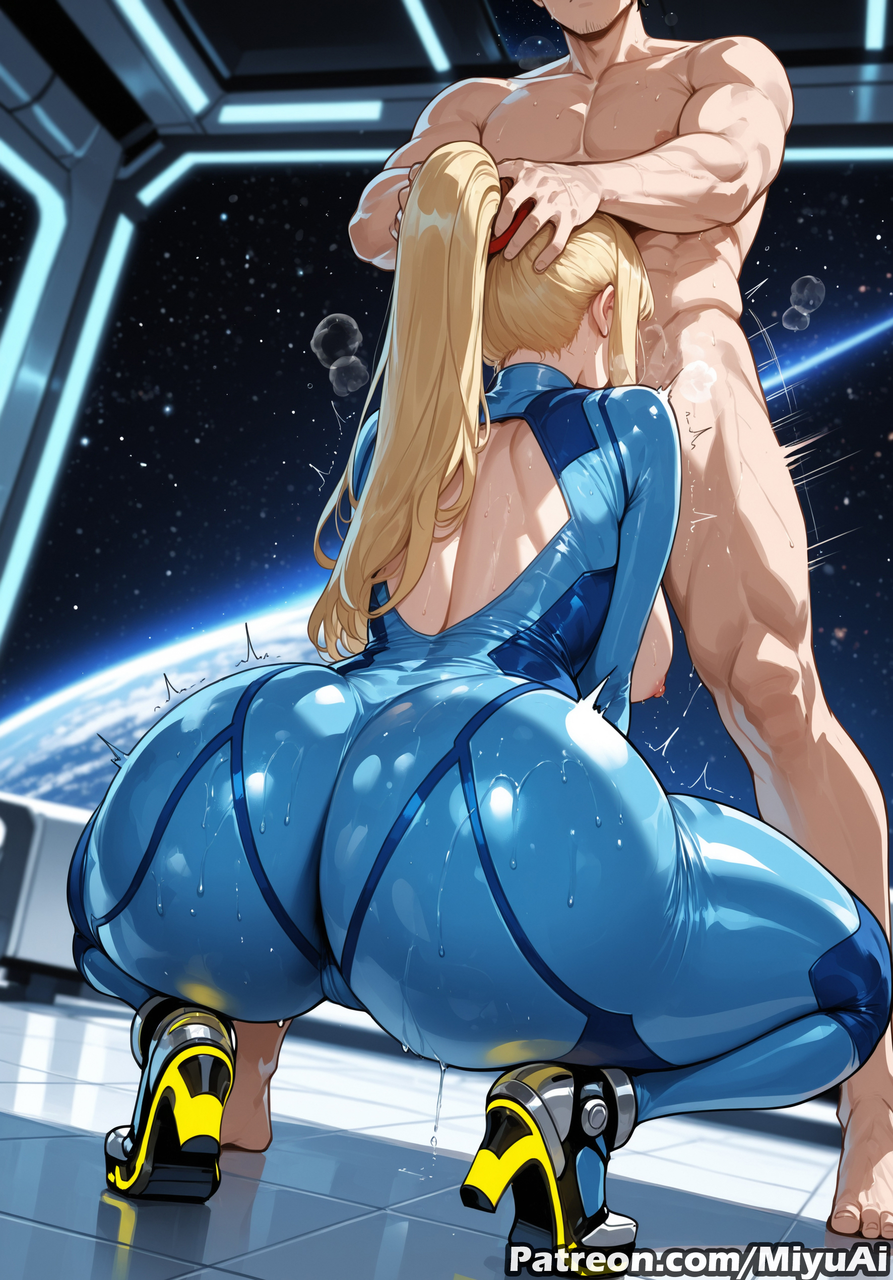 1boy, 1girl, ai generated, ass, ass focus, blonde hair, bodysuit, breasts, curvaceous, curvaceous female, curvaceous figure, curvy, curvy body, curvy female, curvy figure, curvy hips, fellatio, female, hand on head, heavy breathing, hetero, huge ass, implied deepthroat, implied fellatio, implied oral, implied sex, large breasts, long hair, metroid, miyuai, motion lines, muscle, oral, ponytail, samus aran, solo focus, squatting, thick, uncensored, voluptuous, voluptuous body, voluptuous female