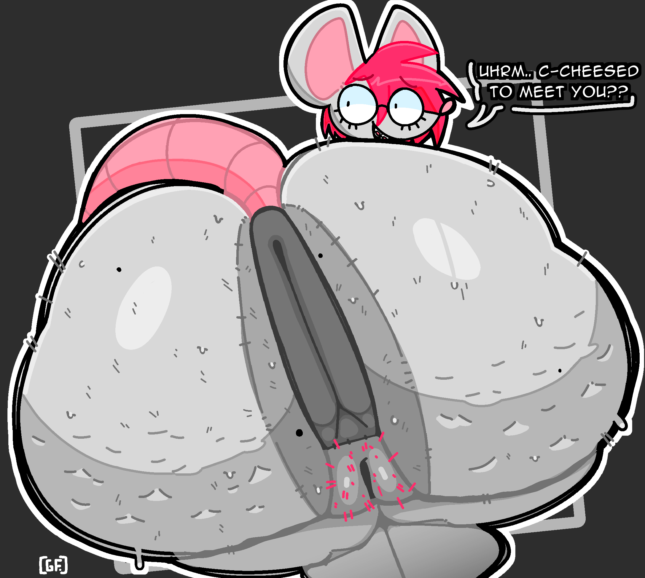 2026, anthro, anus, anus focus, artist logo, big anus, big butt, bodily fluids, bottom heavy, braces, buckteeth, butt, butt focus, colored, curvy figure, cybil (ghostfuckrr), dialogue, digital drawing (artwork), digital media (artwork), english text, eyelashes, eyewear, female, geek, genitals, ghostfuckrr, glasses, hair, hi res, huge anus, huge butt, humor, hyper, hyper anus, hyper butt, logo, looking at viewer, looking back, looking back at viewer, mammal, mole on butt, mouse, murid, murine, nerd, nerdy female, pink hair, pink nose, pink pubes, presenting, presenting anus, presenting hindquarters, pubes, puffy anus, pun, rear view, rodent, round glasses, short, solo, sweat, sweaty butt, tail, talking to viewer, teeth, text, thick thighs, vulva