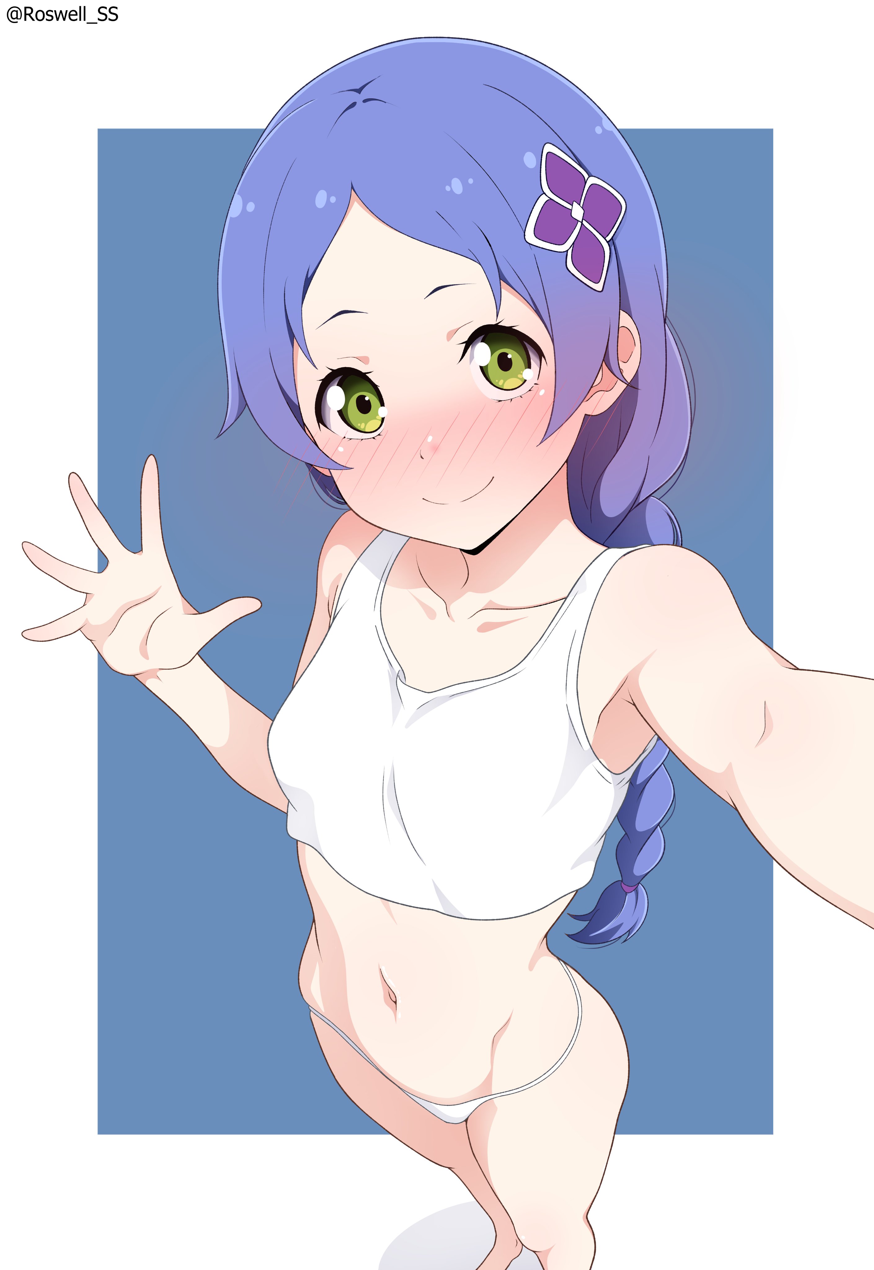 1girls, above view, ass cheeks, belly, belly button, belly cutout, belly fetish, belly outline, blush, blushing, bra, braid, braided hair, cute body, female, female only, flat chest, green eyes, hair ornament, heavy blush, hi res, hips, hips outline, legs, meili portroute, midriff, midriff cutout, midriff exposed, midriff focus, midriff showing, navel, navel cutout, navel fetish, navel line, navel outline, panties, perfect belly, purple hair, re:zero kara hajimeru isekai seikatsu, roswell-ss, slim body, slim female, slim figure, slim girl, slim torso, slim waist, teen, teen girl, teenage, teenage female, teenage girl, thighs, top view, tummy, underwear, underwear only, violet hair, waving at viewer, white bra, white panties, white underwear