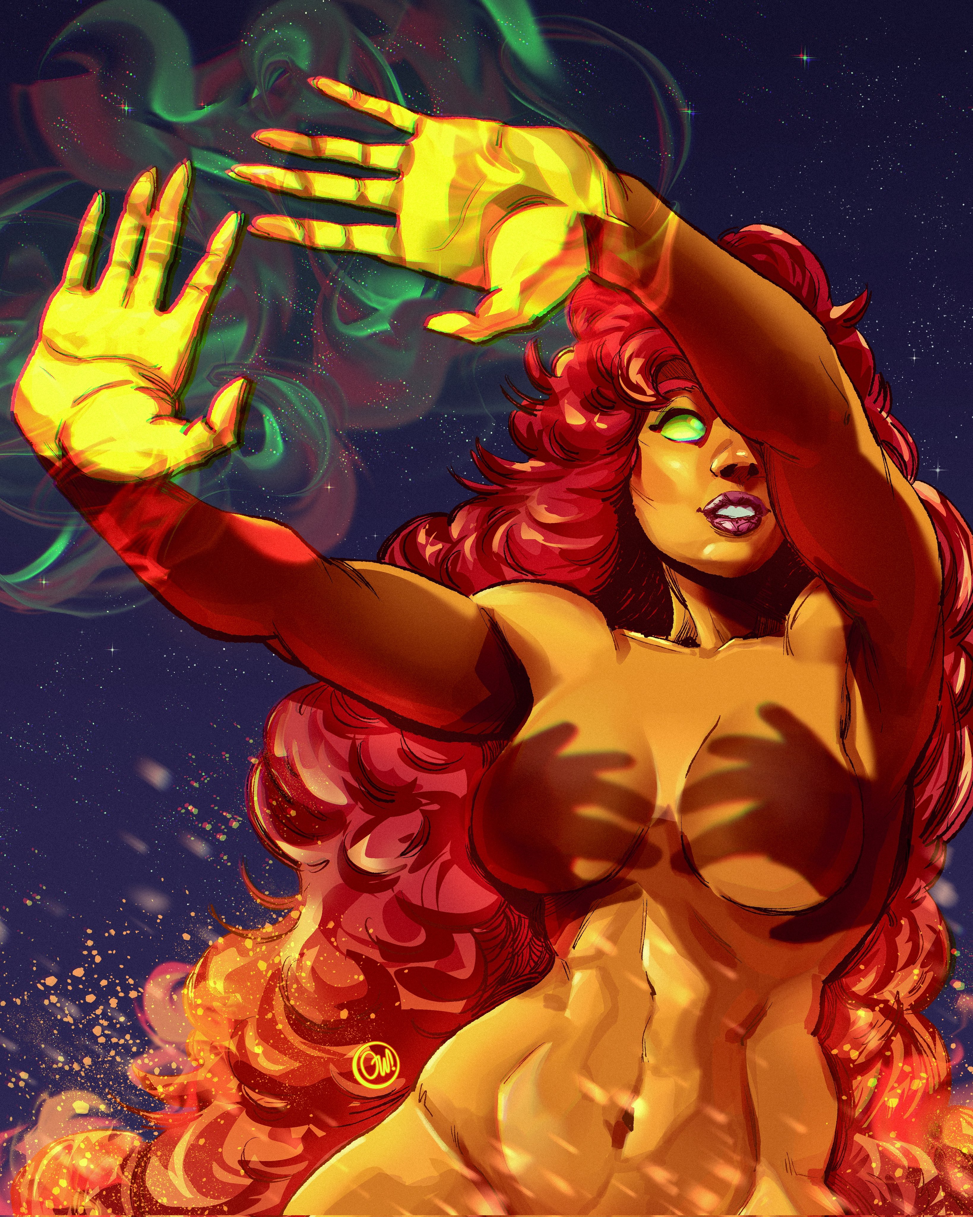 2d, abs, alien, alien girl, alien humanoid, athletic, athletic female, big breasts, breasts, busty, curly hair, dc, dc comics, female, female focus, female only, green eyes, hands casting shadow, hourglass figure, lipstick, long hair, makeup, meme, muscle tone, nude, nude female, nudity, orange body, orange skin, orange skinned female, pink lipstick, pinup, pinup pose, red hair, shadow, sketchwhiz, starfire, starfire (comics), teen titans, toned, toned female, very long hair, wide hips