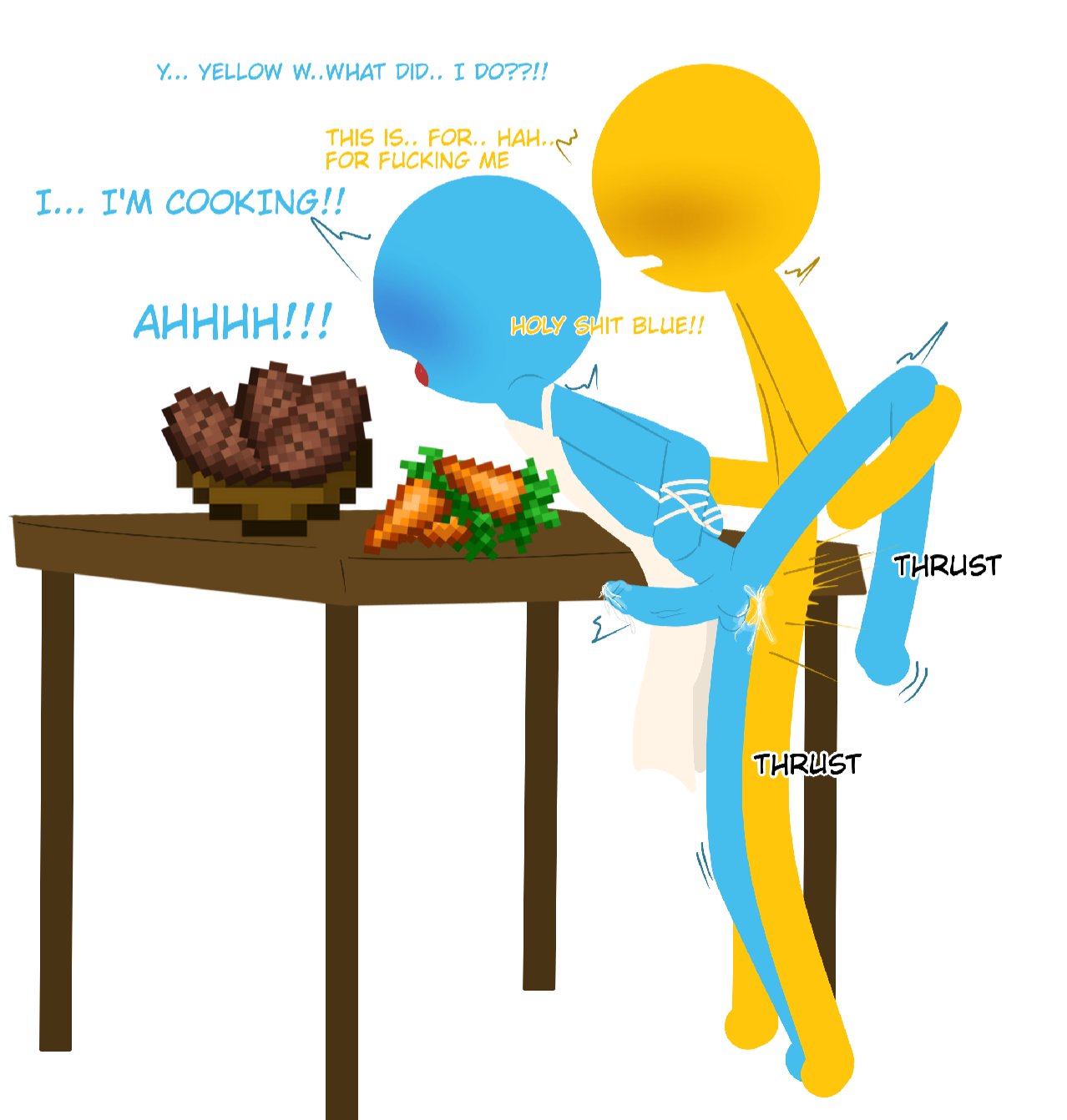 alan becker, animation vs animator, animation vs minecraft, apron, backshots, beef, blue (avm), carrot, cooking, cum, gay, gay male, its k, minecraft, penetration, penis, revenge sex, yaoi, yellow (avm)