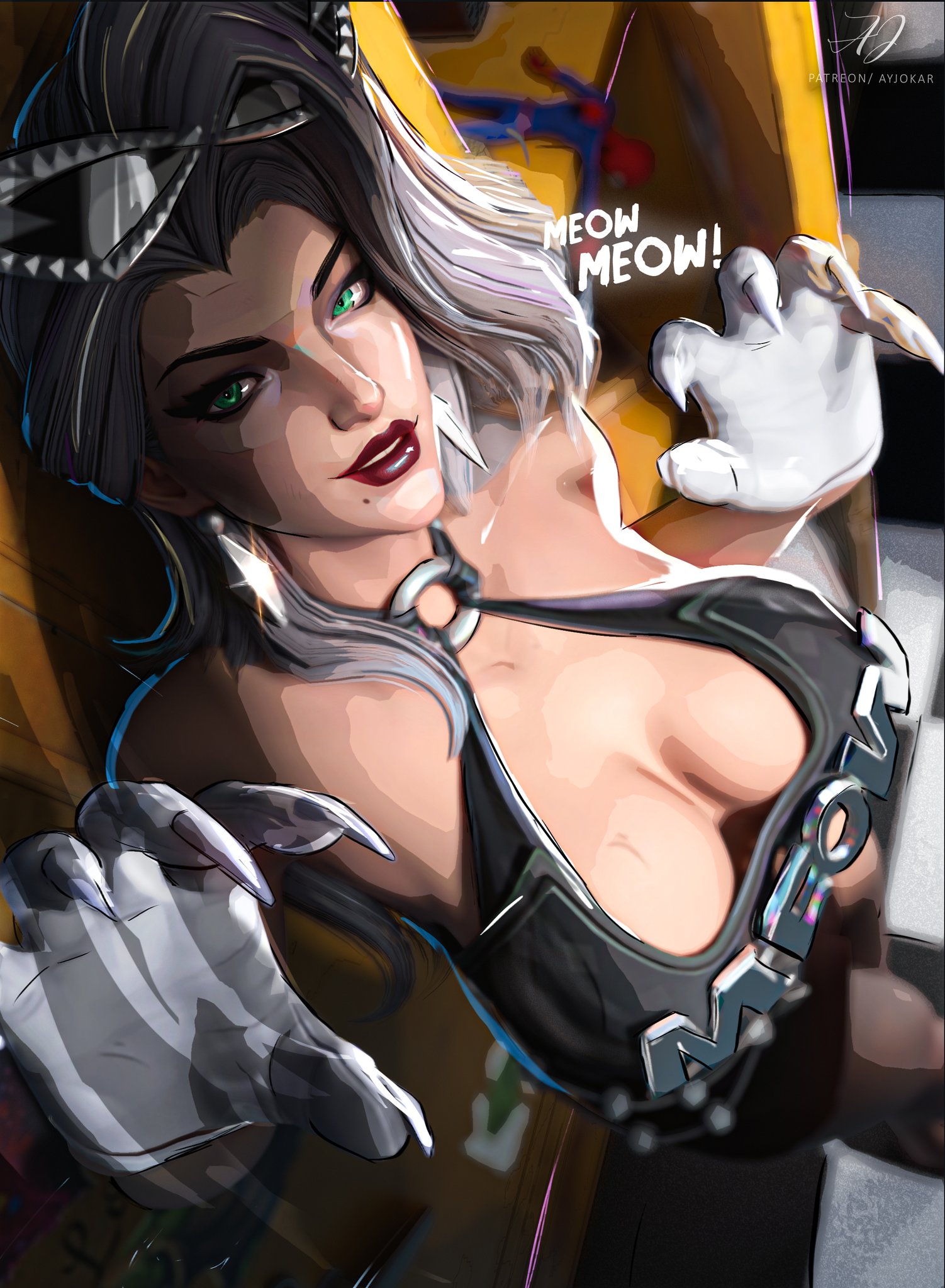 3d, ayjokar, big breasts, black cat (marvel rivals), black cat (marvel), black cat (urban predator), busty, cat girl, cat gloves, cleavage, felicia hardy, female focus, female only, jokar, marvel, marvel comics, marvel rivals, mommy, sexy body, sexy female, solo, spider-man (series), white hair